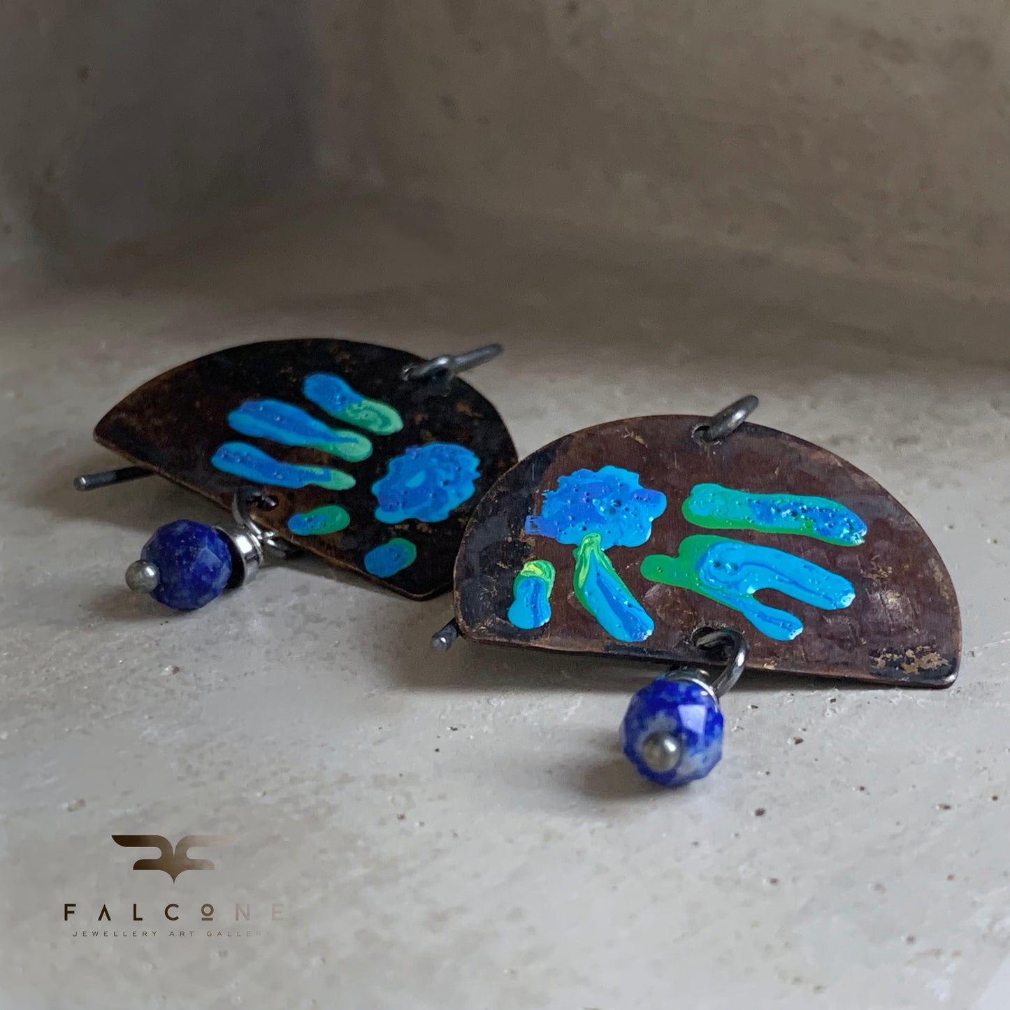 Brass and Mineral Earrings 'Exotic Flowers & Lapis Lazuli'