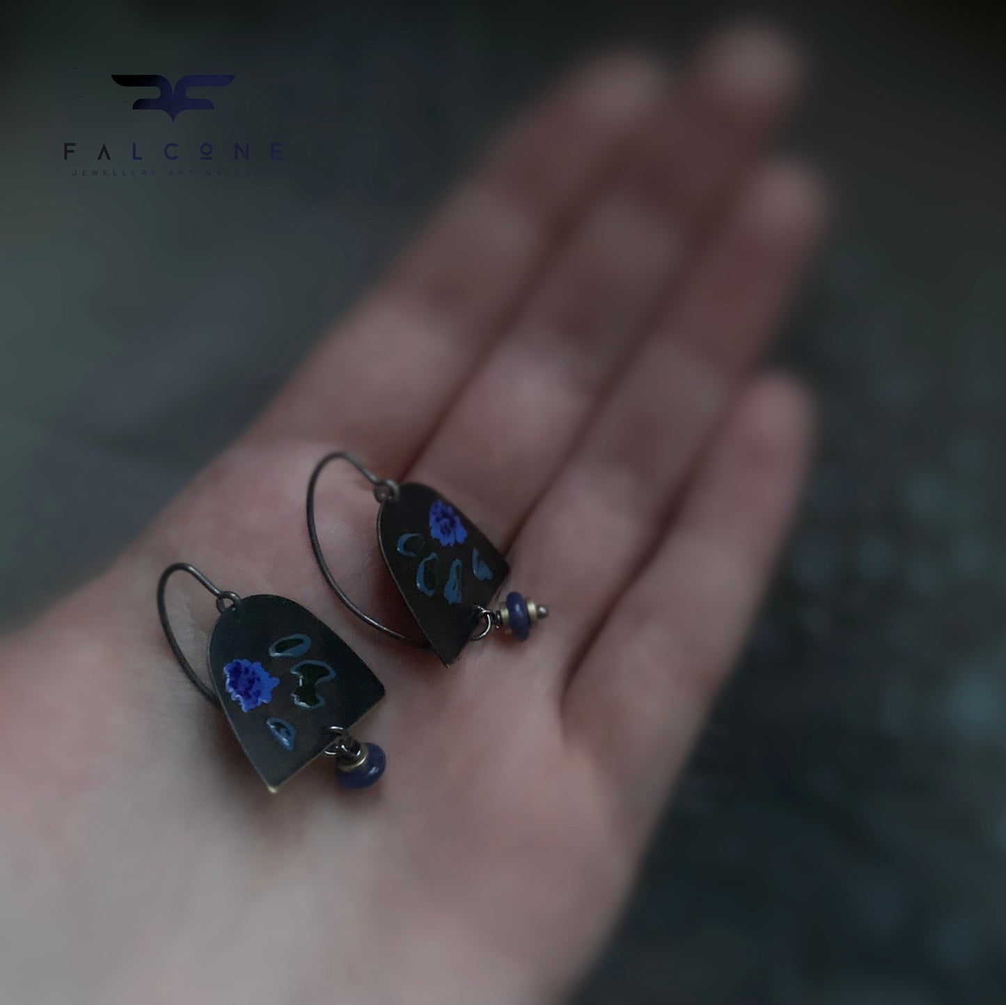 Brass, Sodalite, and Silver Earrings 'Dark Green & Blue Flower'