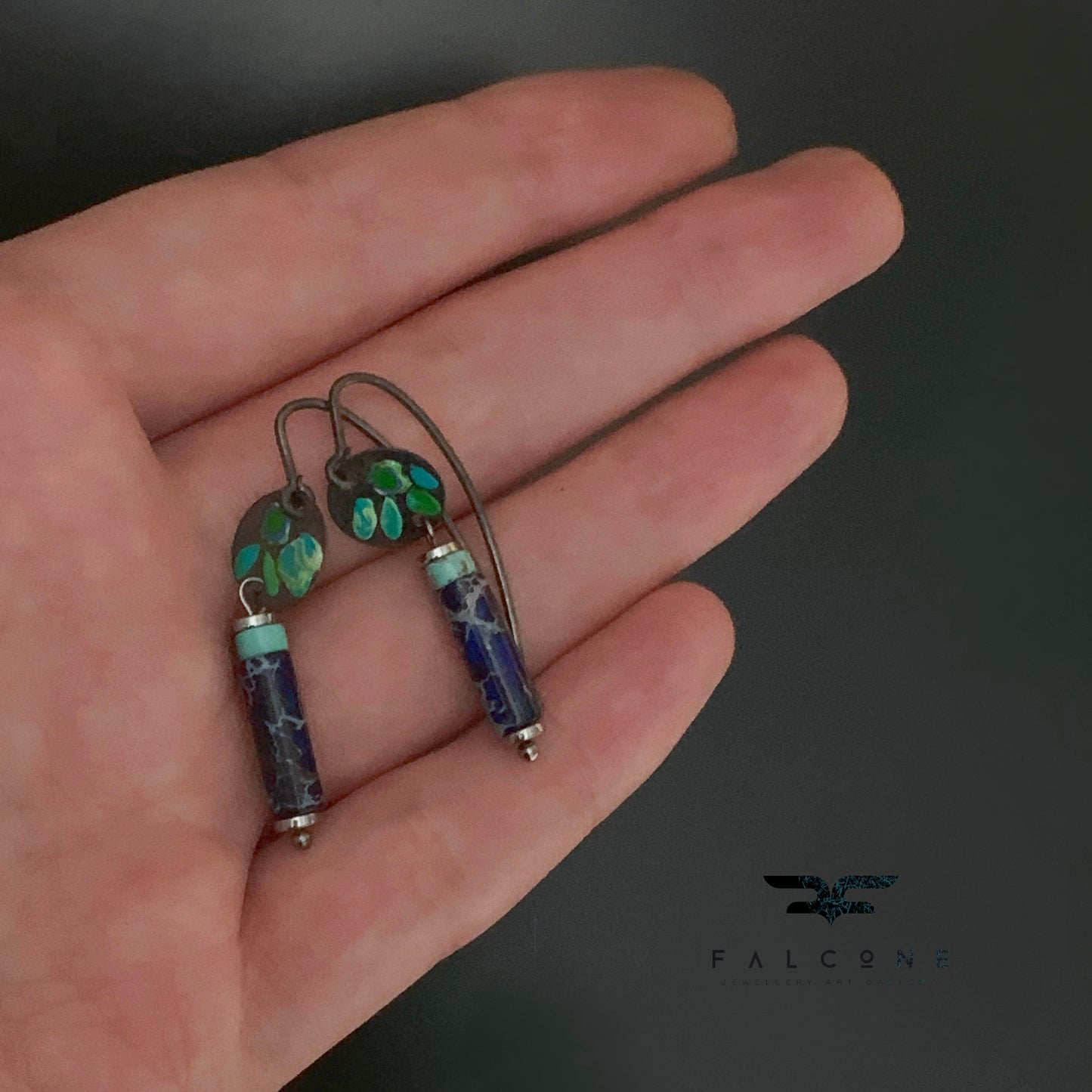 Silver mini earrings with imperial jasper, howlite & enameled flowers 'Field Flowers Blue with Navy Blue Jasper'