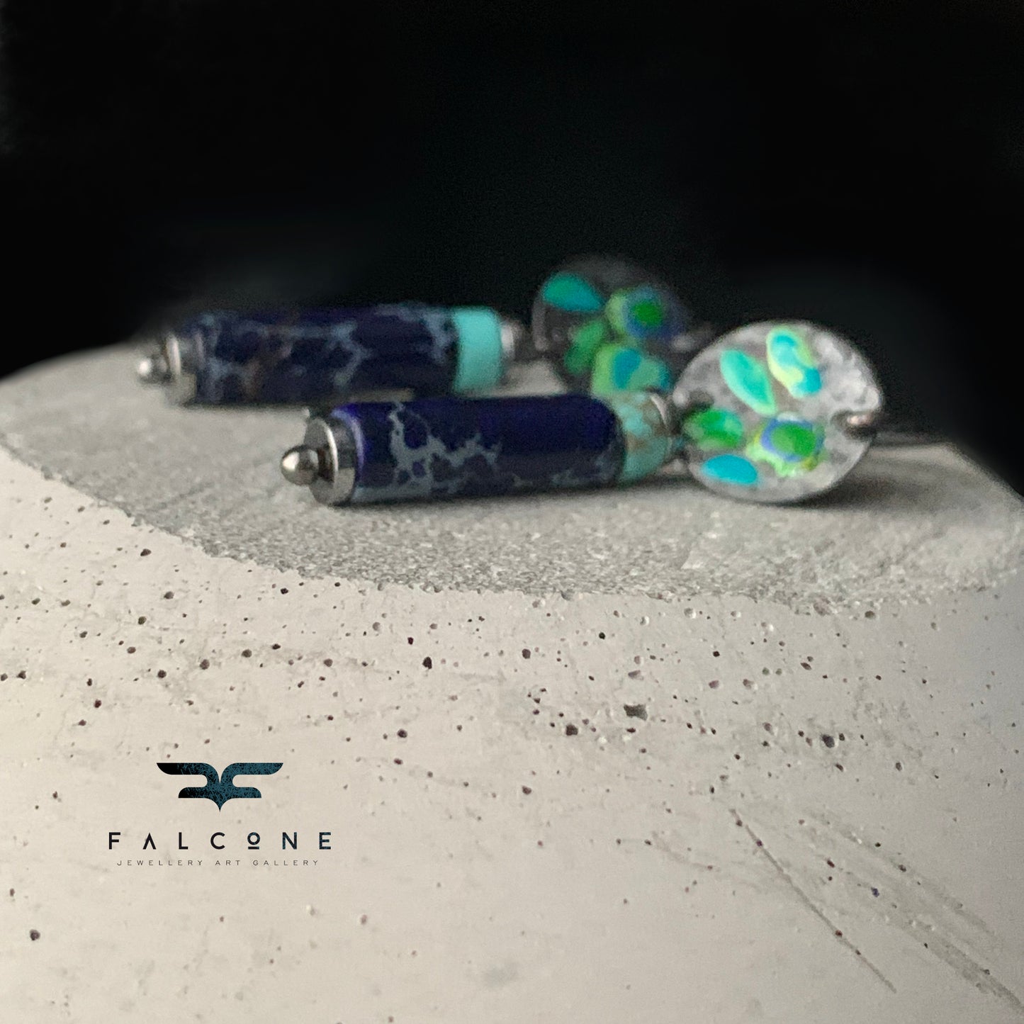Silver mini earrings with imperial jasper, howlite & enameled flowers 'Field Flowers Blue with Navy Blue Jasper'