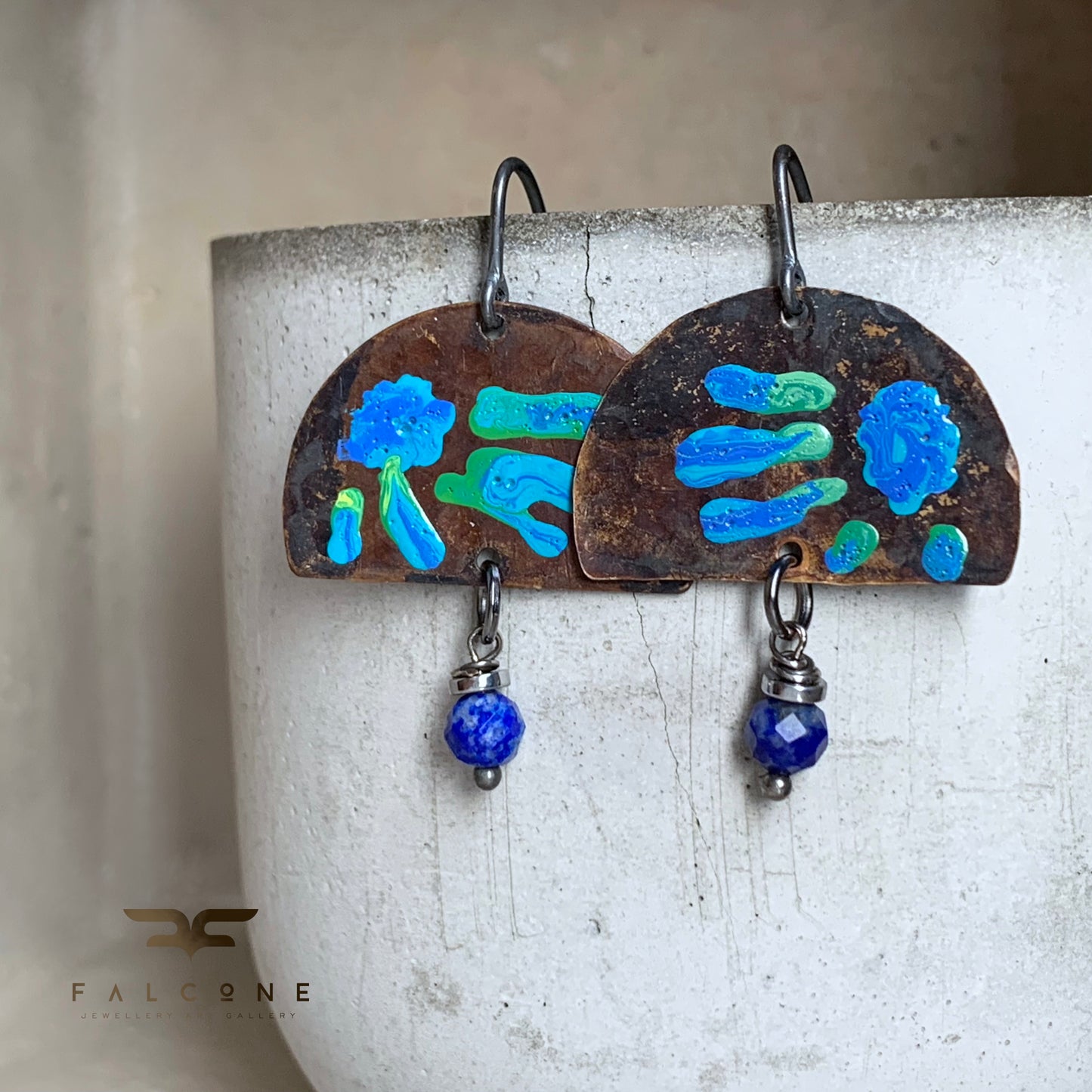 Brass and Mineral Earrings 'Exotic Flowers & Lapis Lazuli'