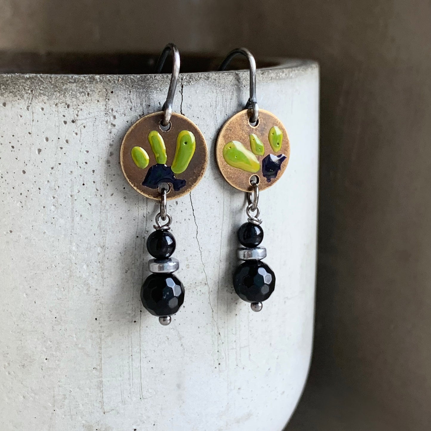 Brass, Silver and Onyx Earrings with Enamel 'Flowers & Onyx'