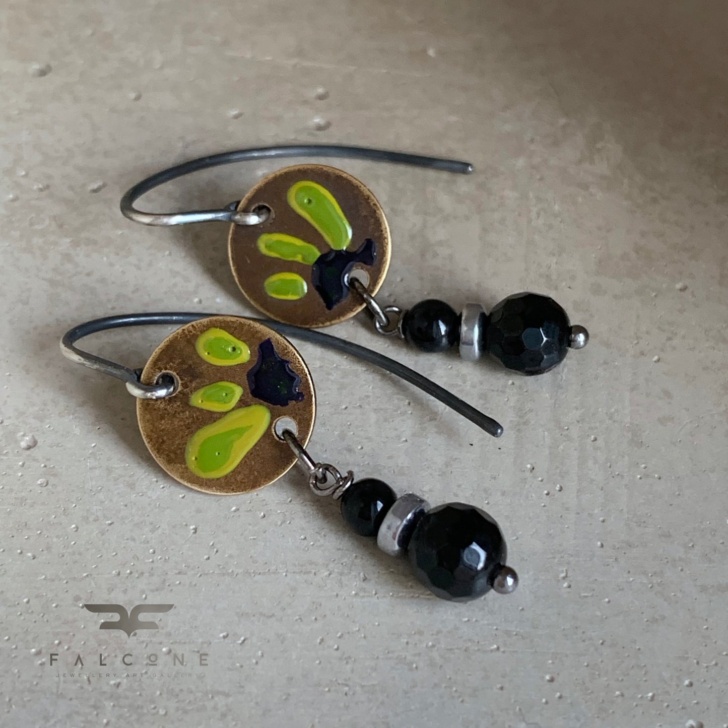 Brass, Silver and Onyx Earrings with Enamel 'Flowers & Onyx'