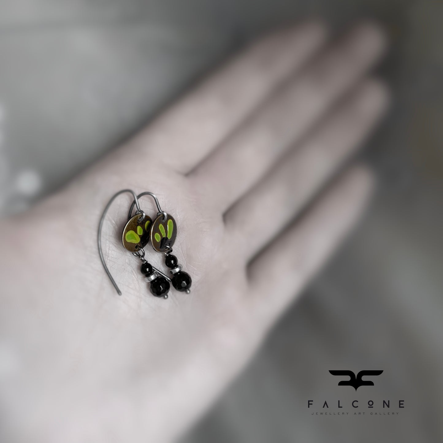 Brass, Silver and Onyx Earrings with Enamel 'Flowers & Onyx'