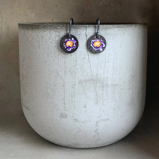 Brass and Sterling Silver Earrings 'Wildflowers - Purple & Ochre'