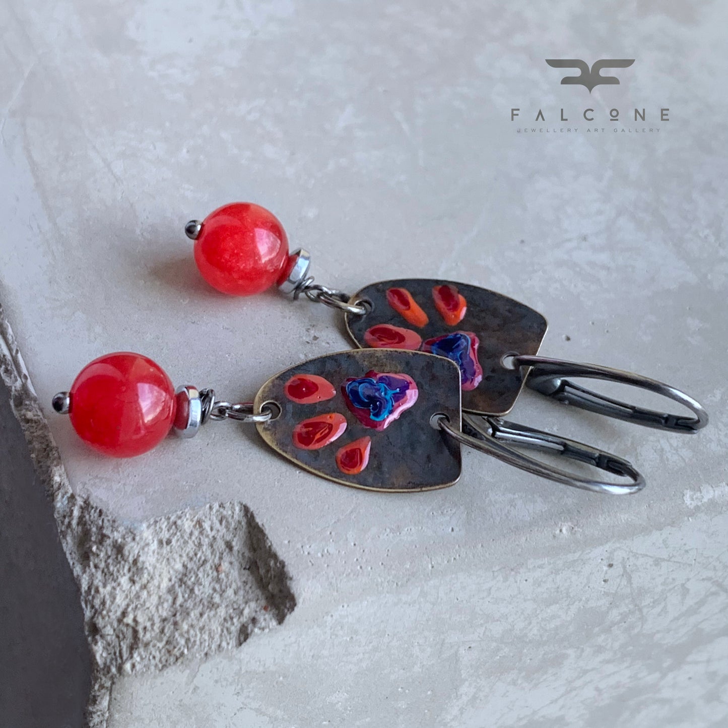 Brass, Agate and Sterling Silver Earrings 'Wild Flowers. Red & Blue'