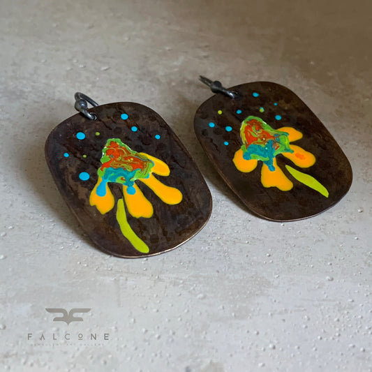 Brass and Sterling Silver Earrings 'Geometric Flower - Yellow Petals with Turquoise & Red Accents'