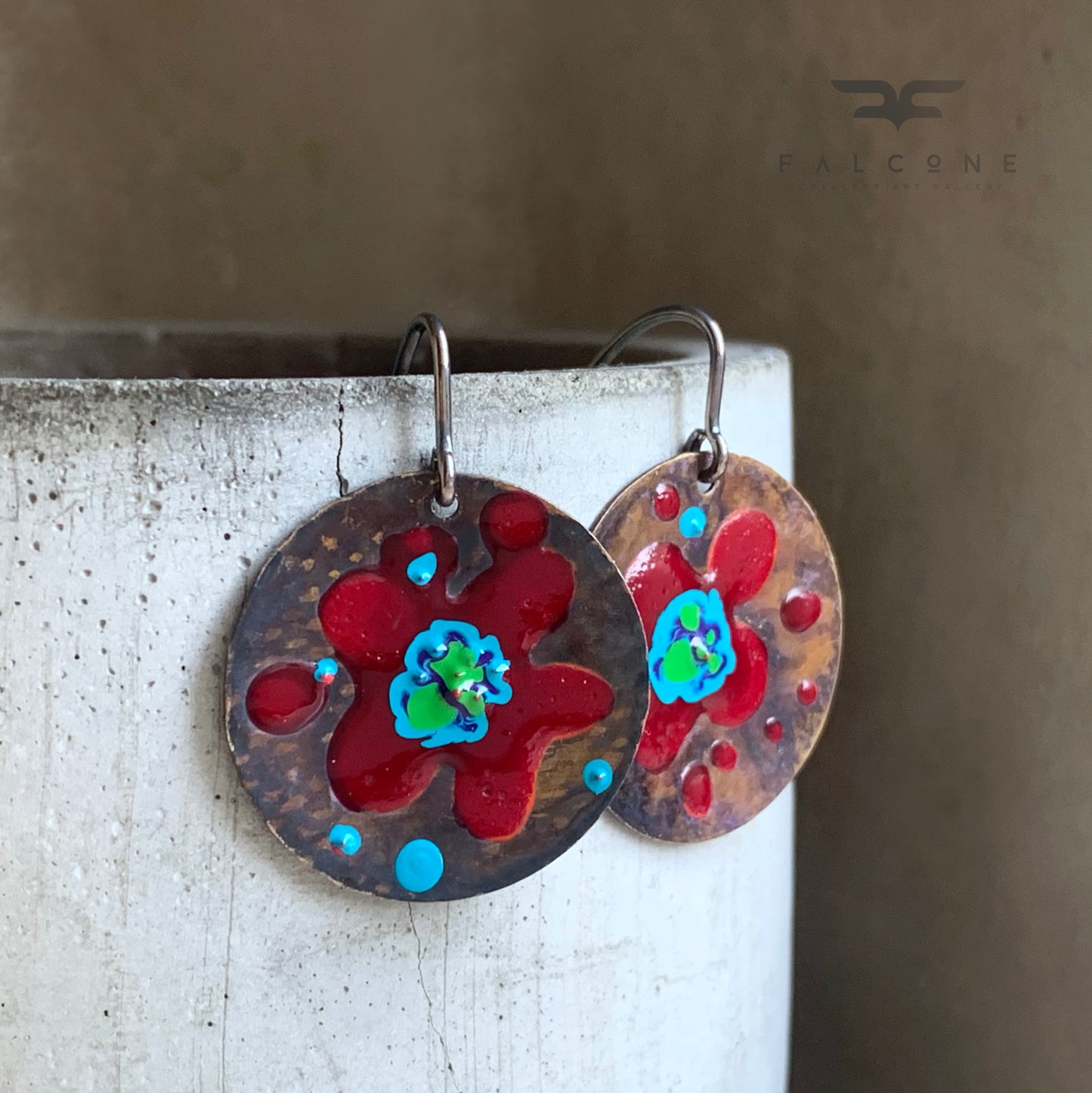 Brass and Sterling Silver Earrings 'Exotic Flower - Dark Ruby & Turquoise Blue'