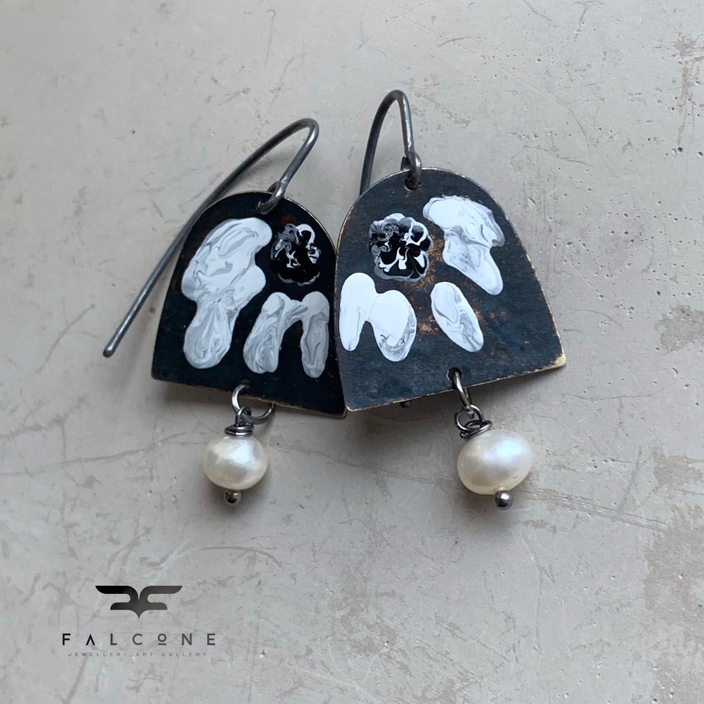 Brass, Sterling Silver, and Pearl Earrings 'White & Black – Flower with Pearl'
