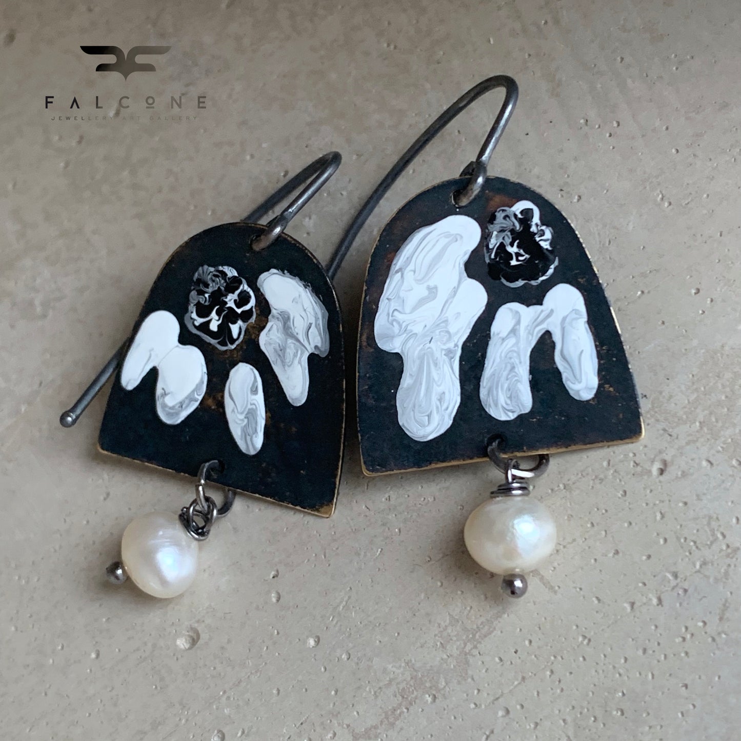 Brass, Sterling Silver, and Pearl Earrings 'White & Black – Flower with Pearl'