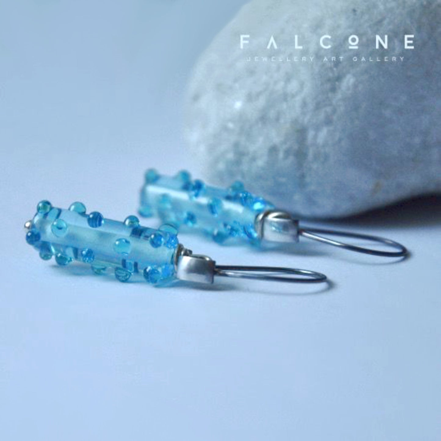 Silver earrings with glass handmade beads in blue color 'Azure'