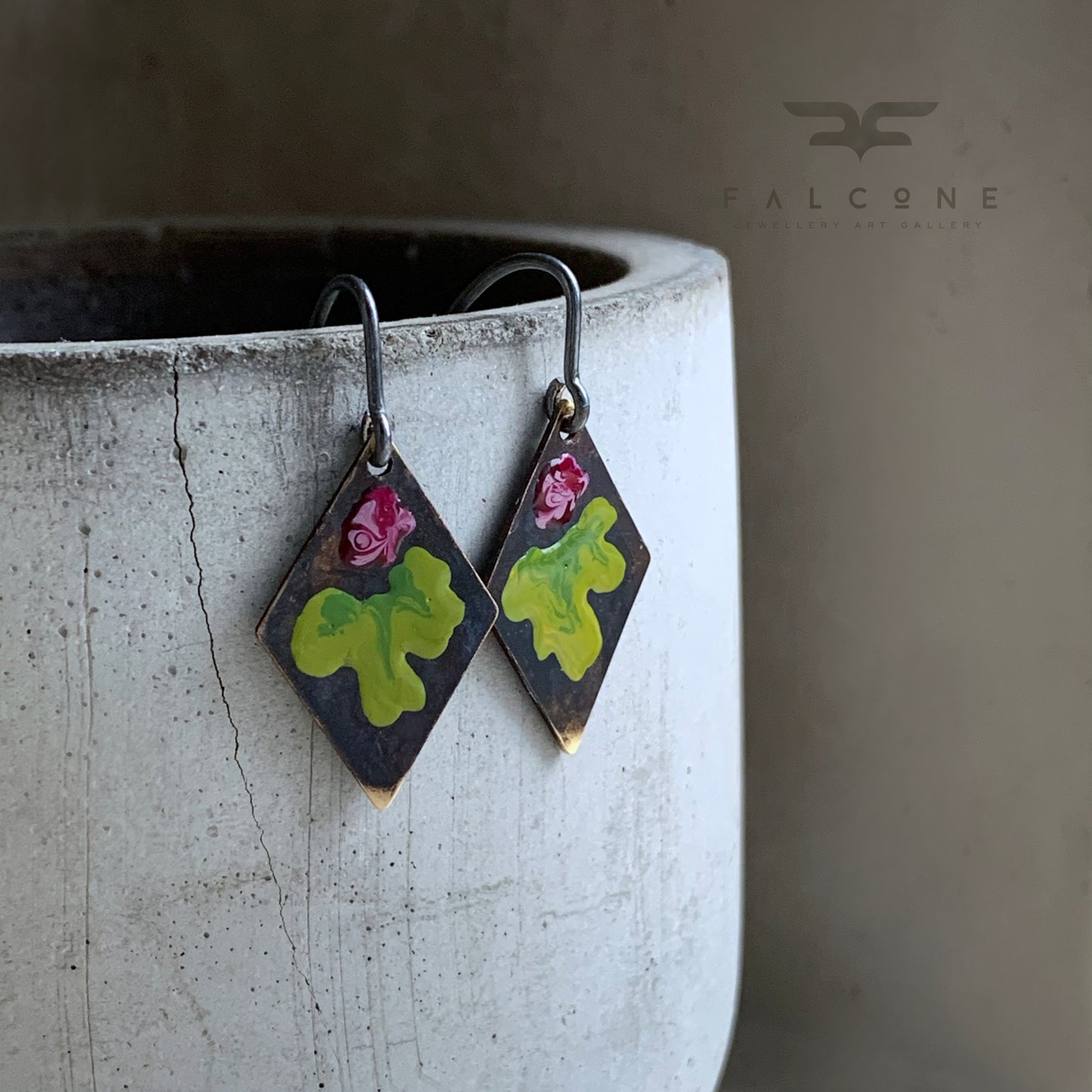 Brass and Silver Earrings 'Little Flowers – Burgundy & Green Lime'