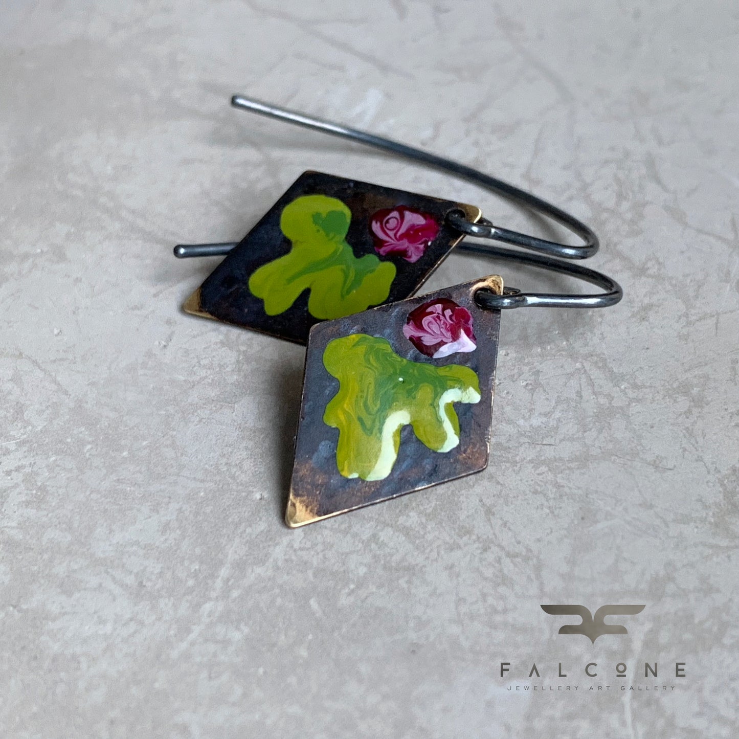 Brass and Silver Earrings 'Little Flowers – Burgundy & Green Lime'