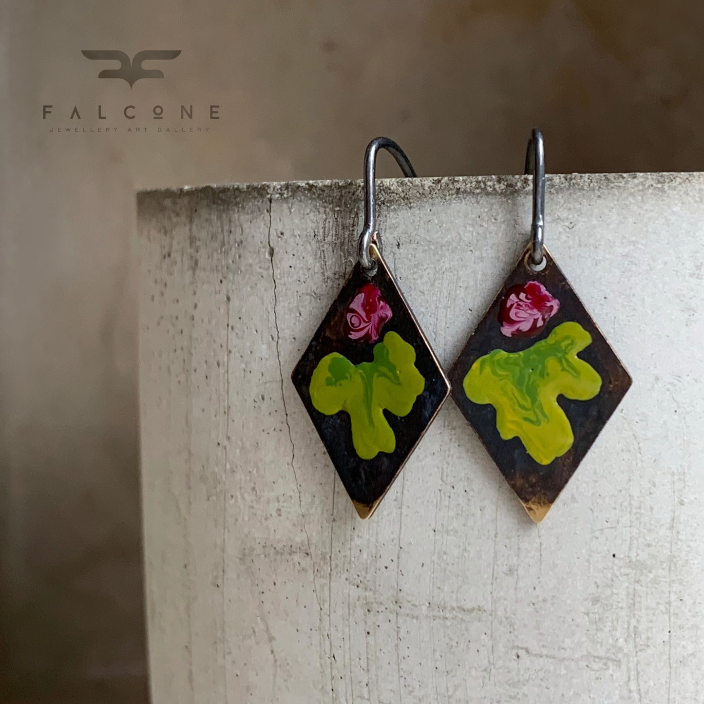 Brass and Silver Earrings 'Little Flowers – Burgundy & Green Lime'