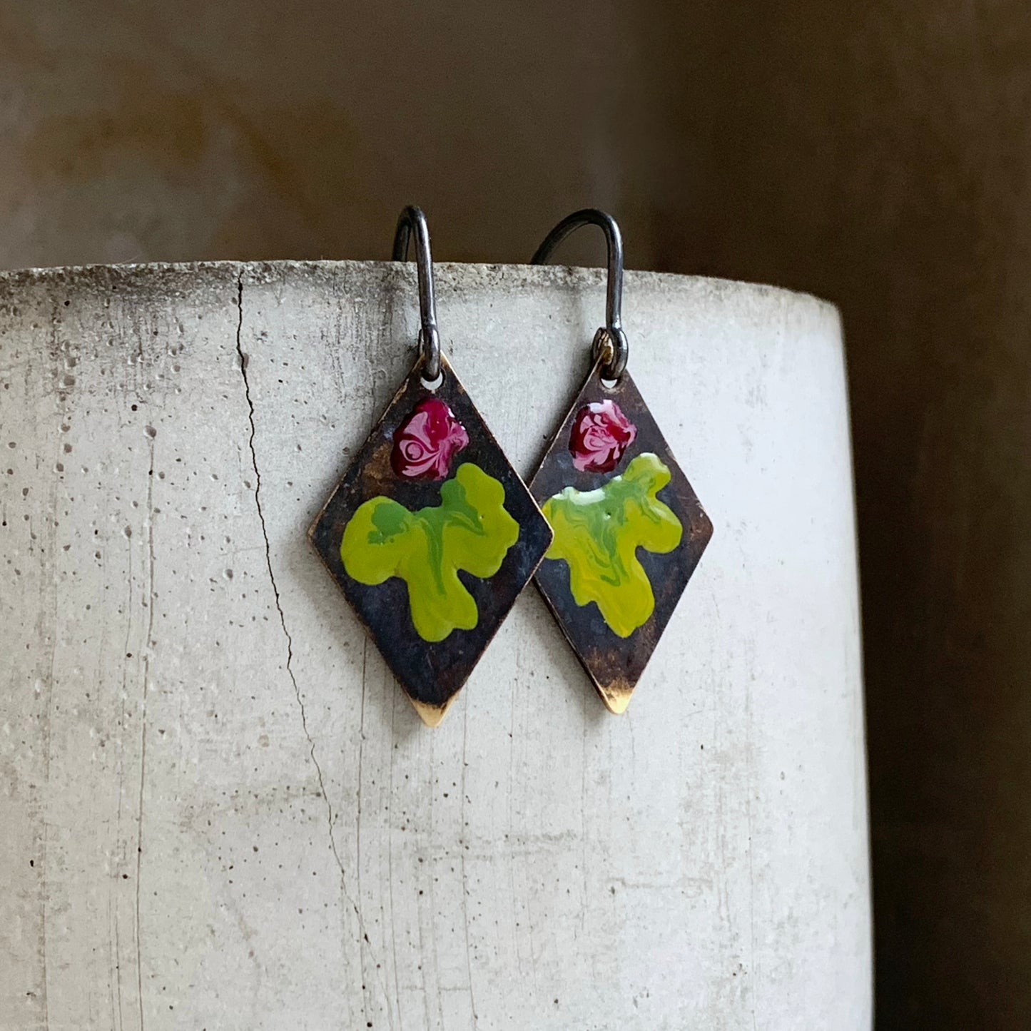 Brass and Silver Earrings 'Little Flowers – Burgundy & Green Lime'