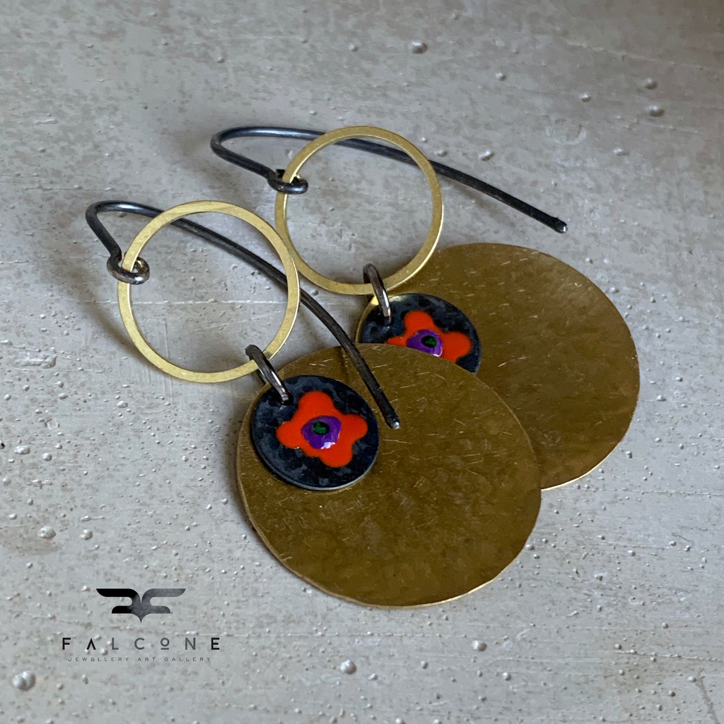 Earrings in brass & silver 'Red Flower in Gold'