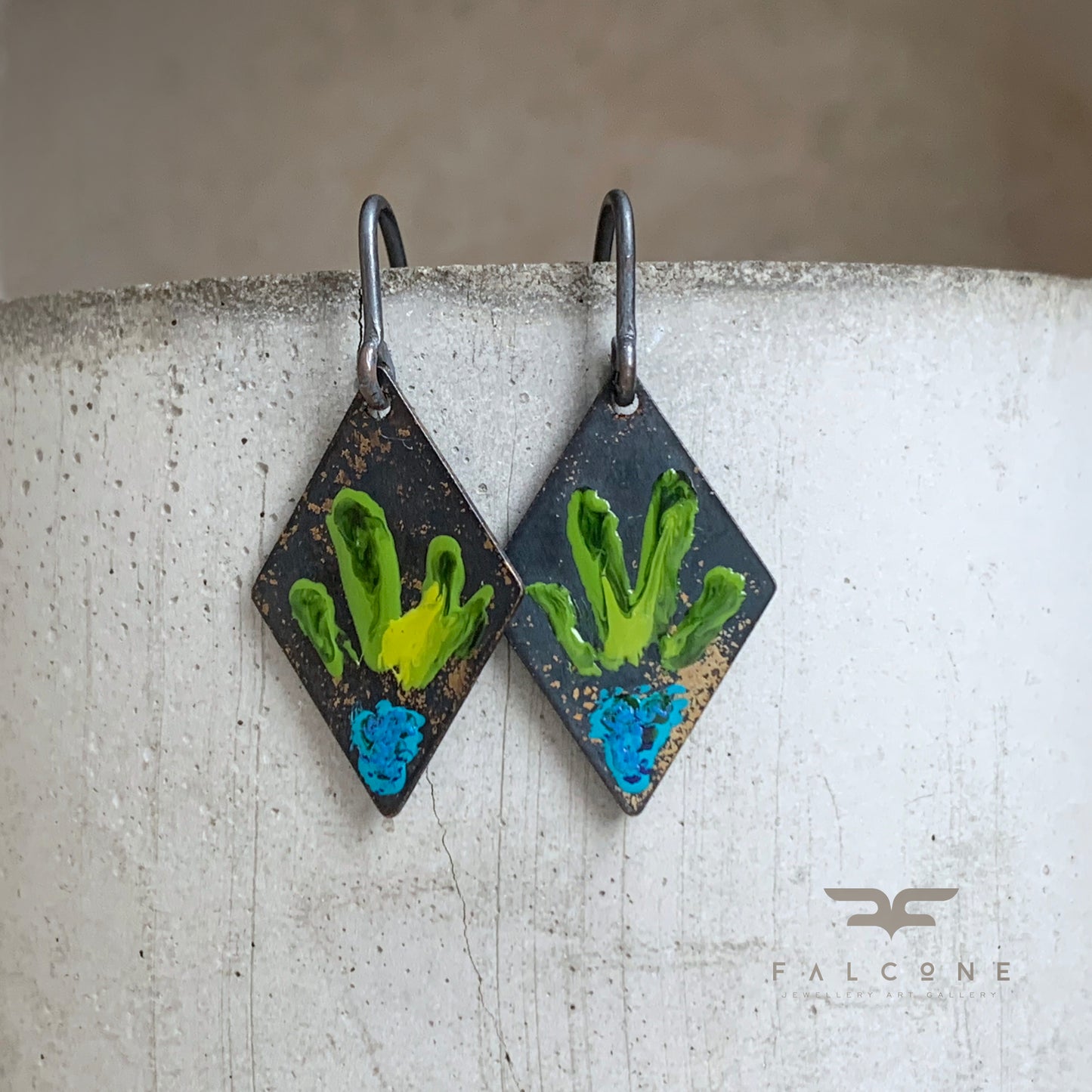 Brass and Silver Earrings 'Little Flowers - Blue & Lemon Green'