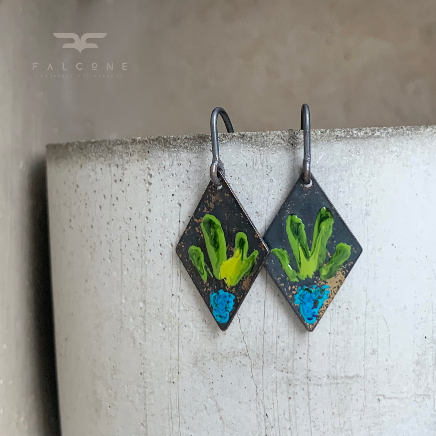 Brass and Silver Earrings 'Little Flowers - Blue & Lemon Green'