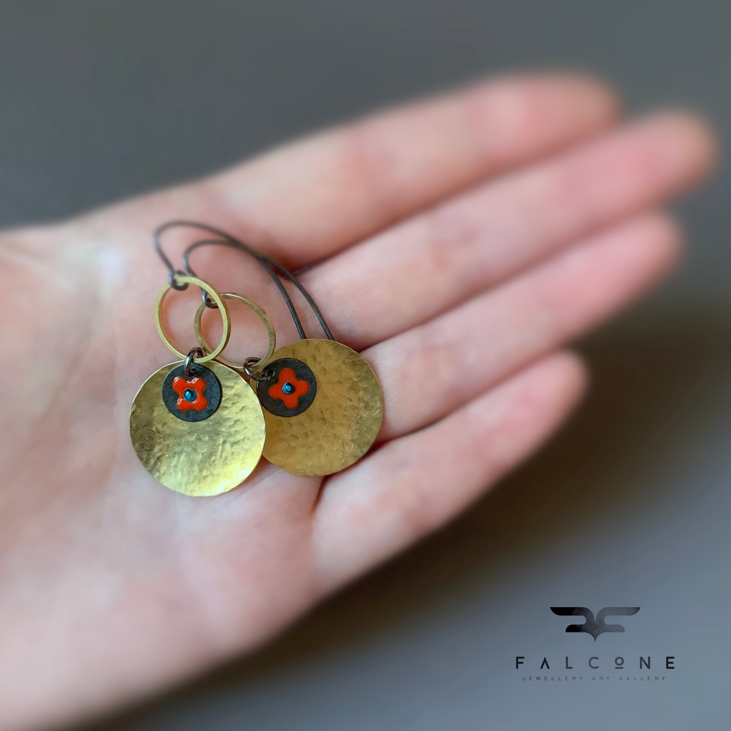 Earrings in brass & silver 'Red Flower in Gold'