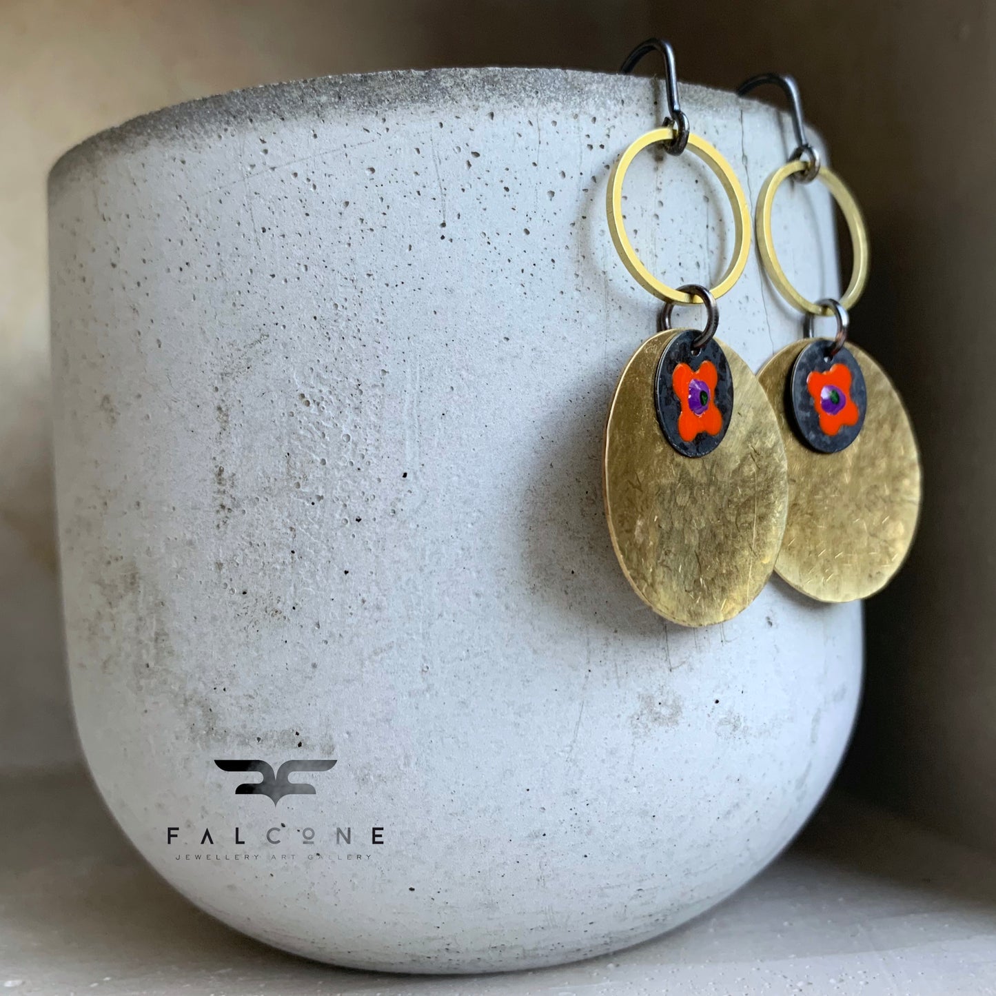 Earrings in brass & silver 'Red Flower in Gold'