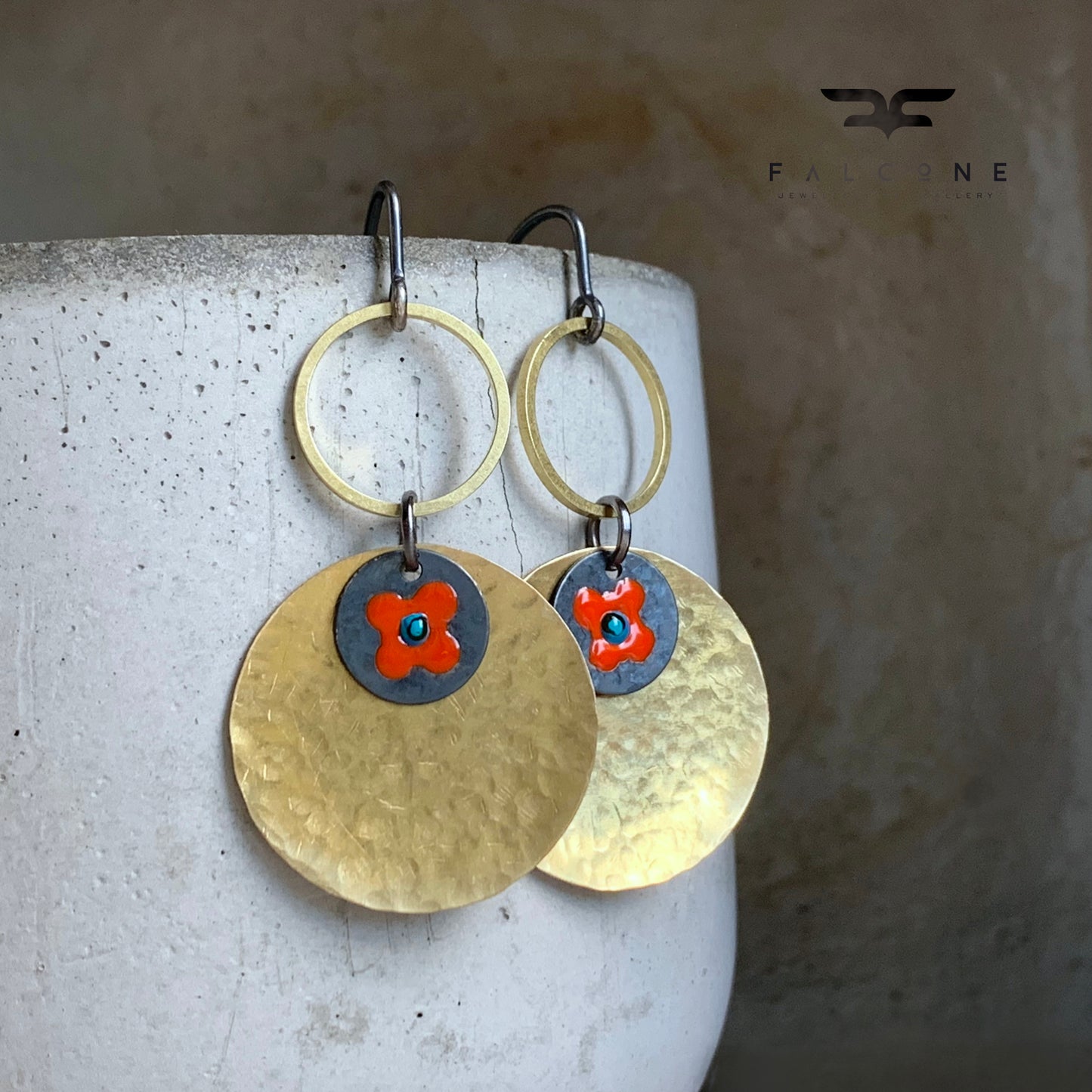 Earrings in brass & silver 'Red Flower in Gold'