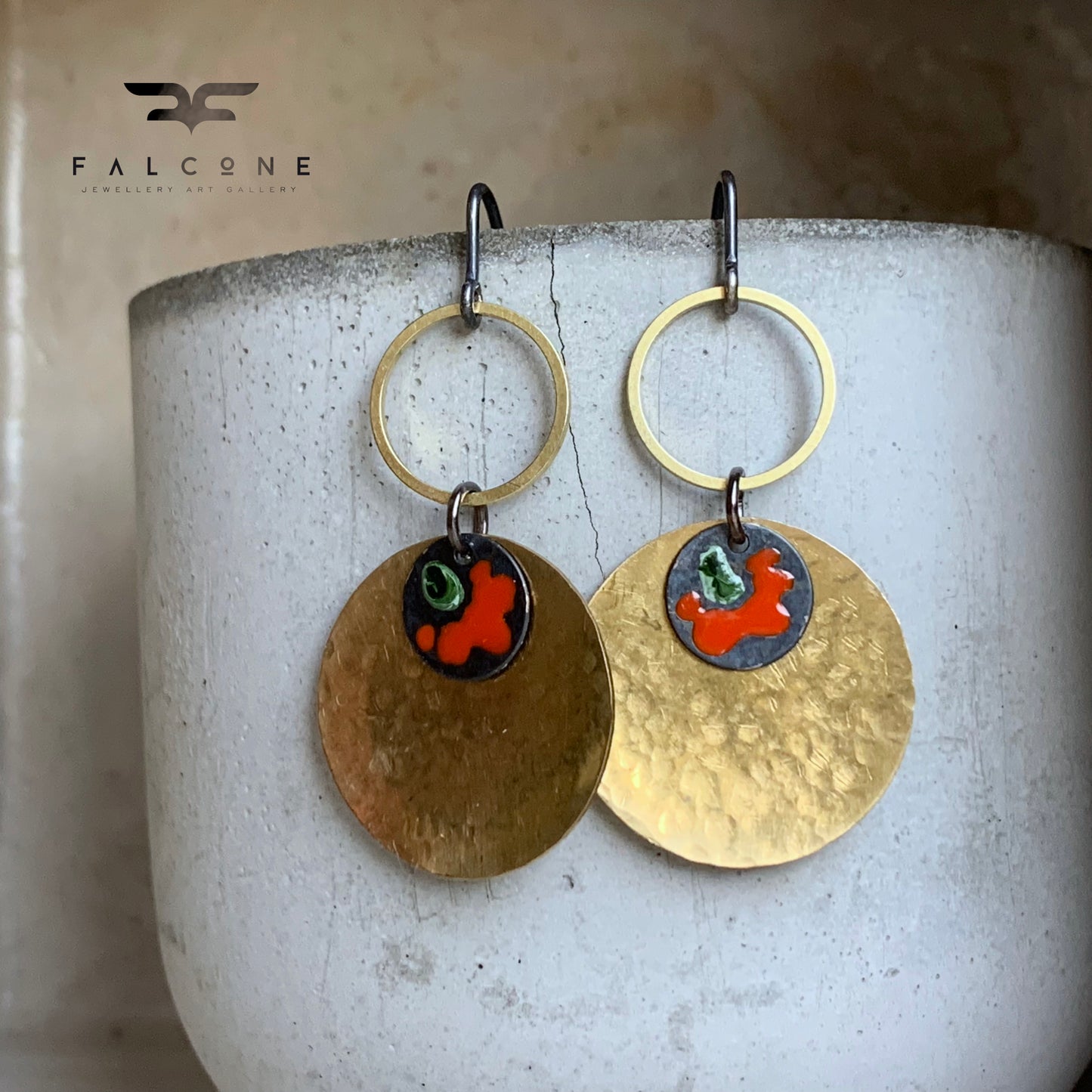 Earrings in brass & silver 'Red Flower in Gold'
