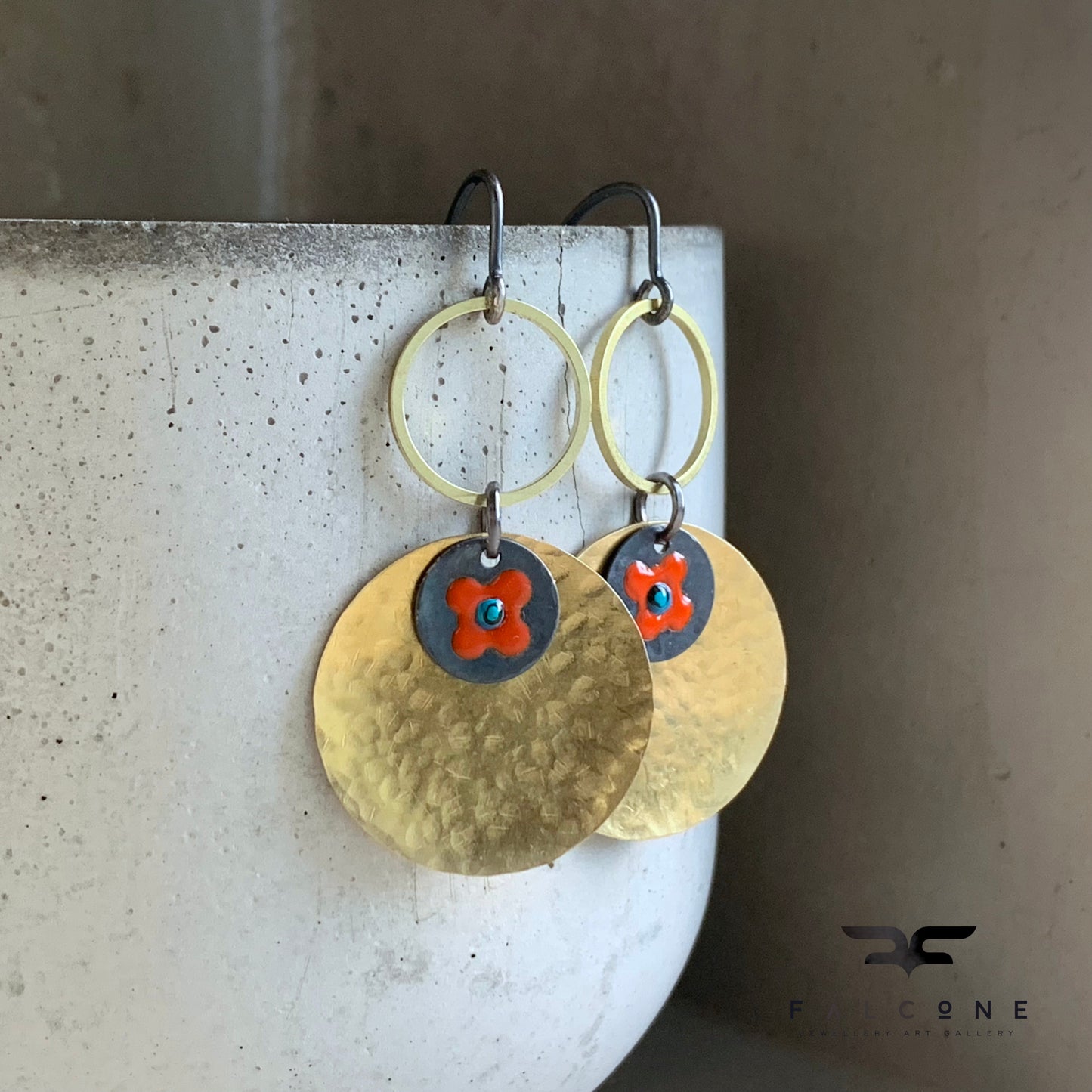 Earrings in brass & silver 'Red Flower in Gold'