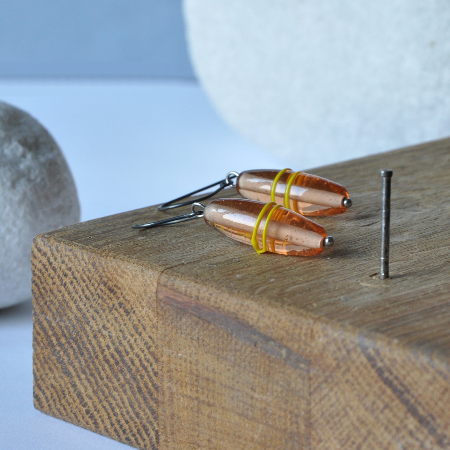 Earrings with silver and glass 'Salmon with Yellow Stripe'