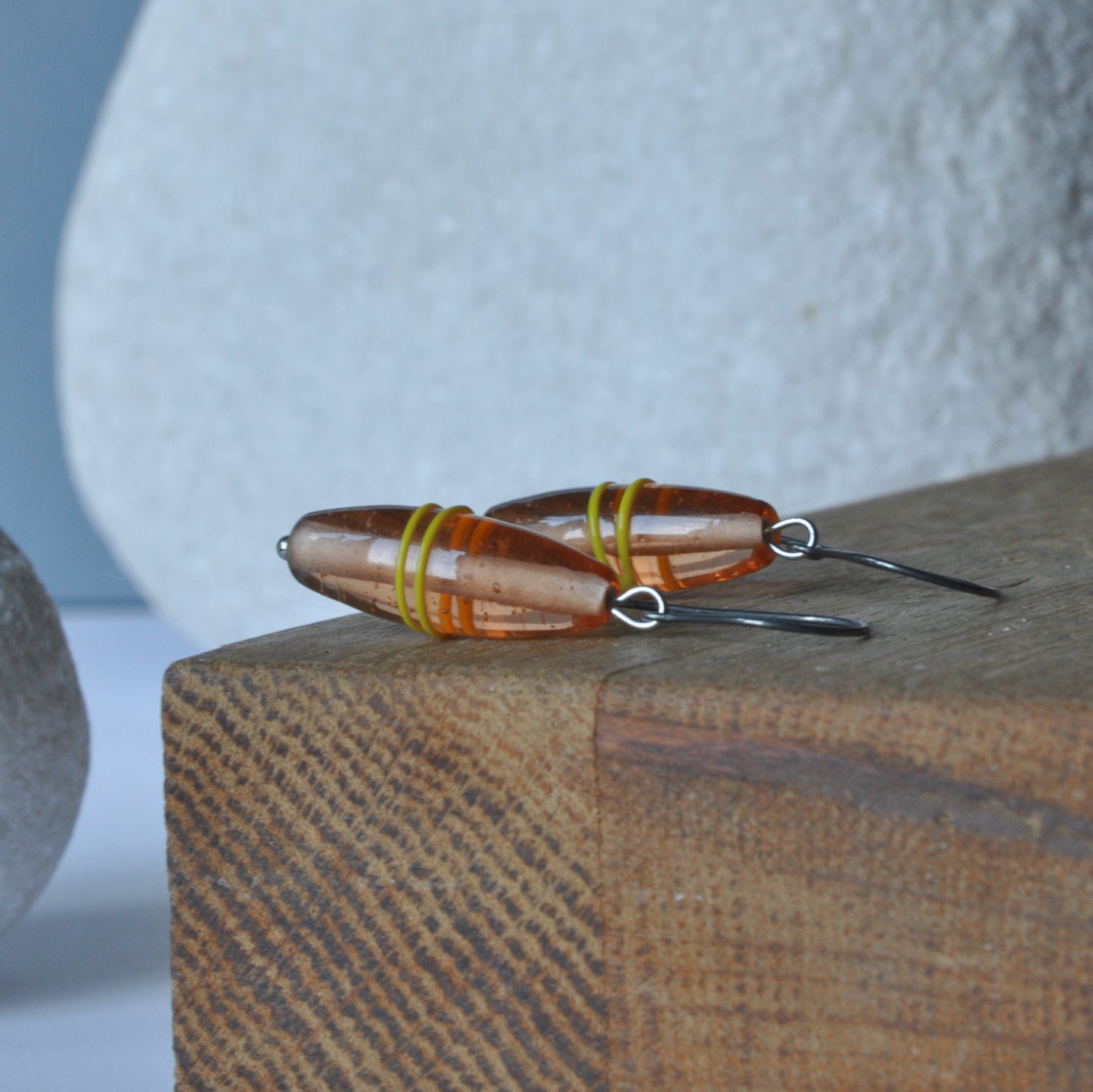Earrings with silver and glass 'Salmon with Yellow Stripe'