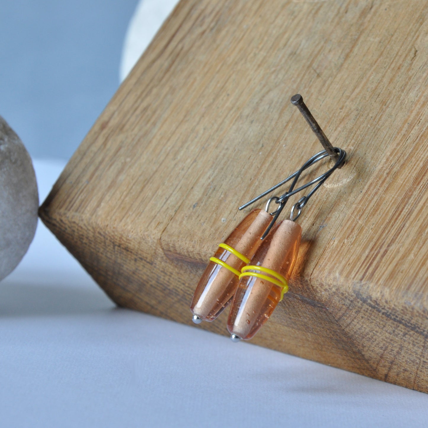 Earrings with silver and glass 'Salmon with Yellow Stripe'