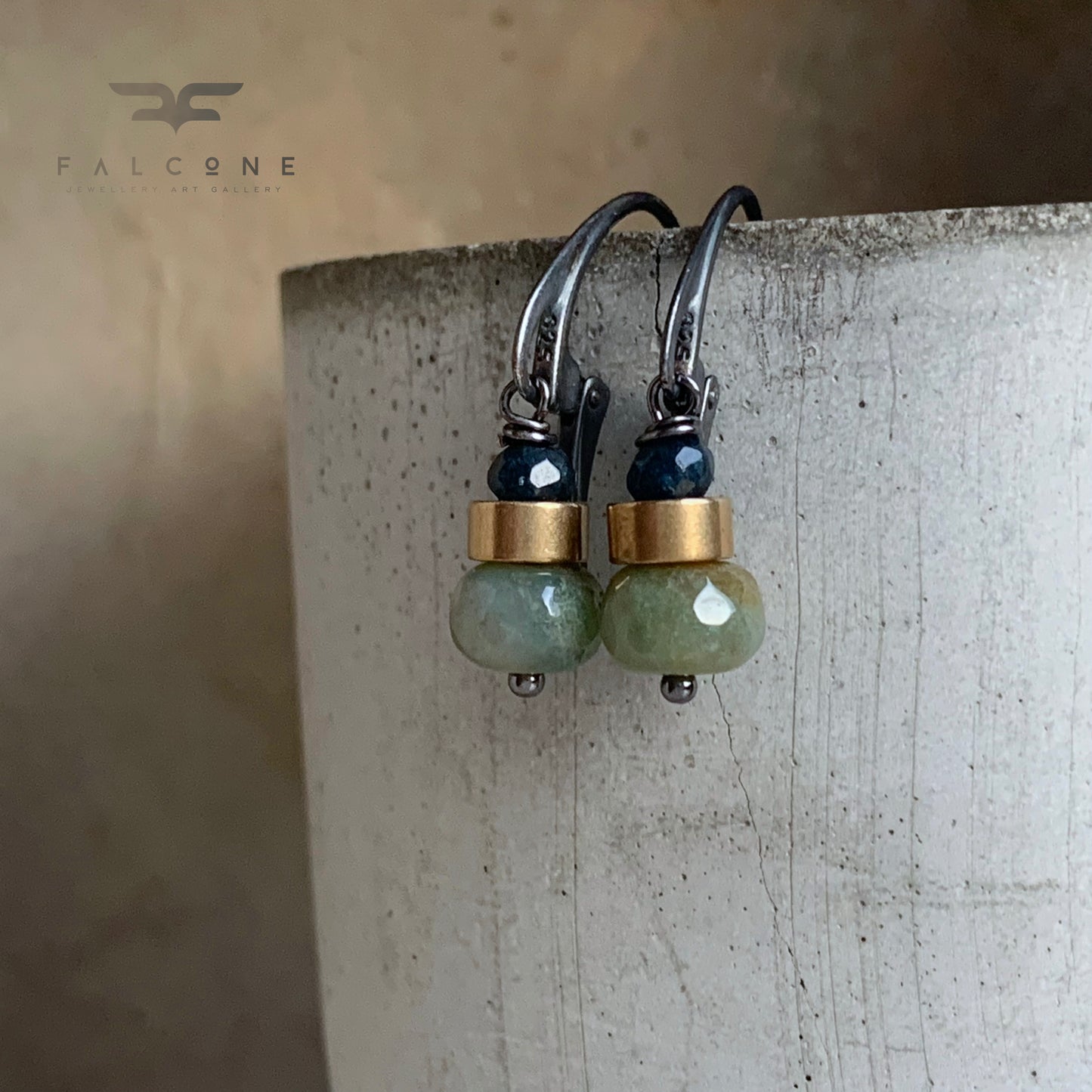 Earrings with Agate, Jadeite, Brass & Silver 'Forest Little Birds'