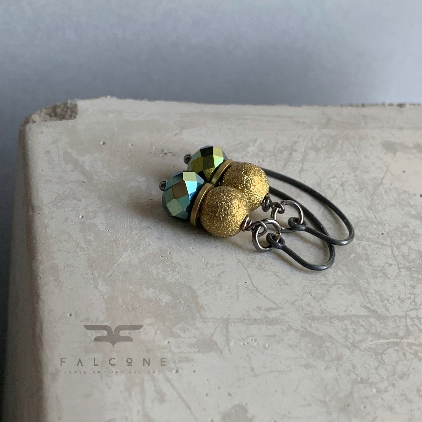 Brass, Glass and Silver Earrings 'Golden Shadow & Khaki Green'