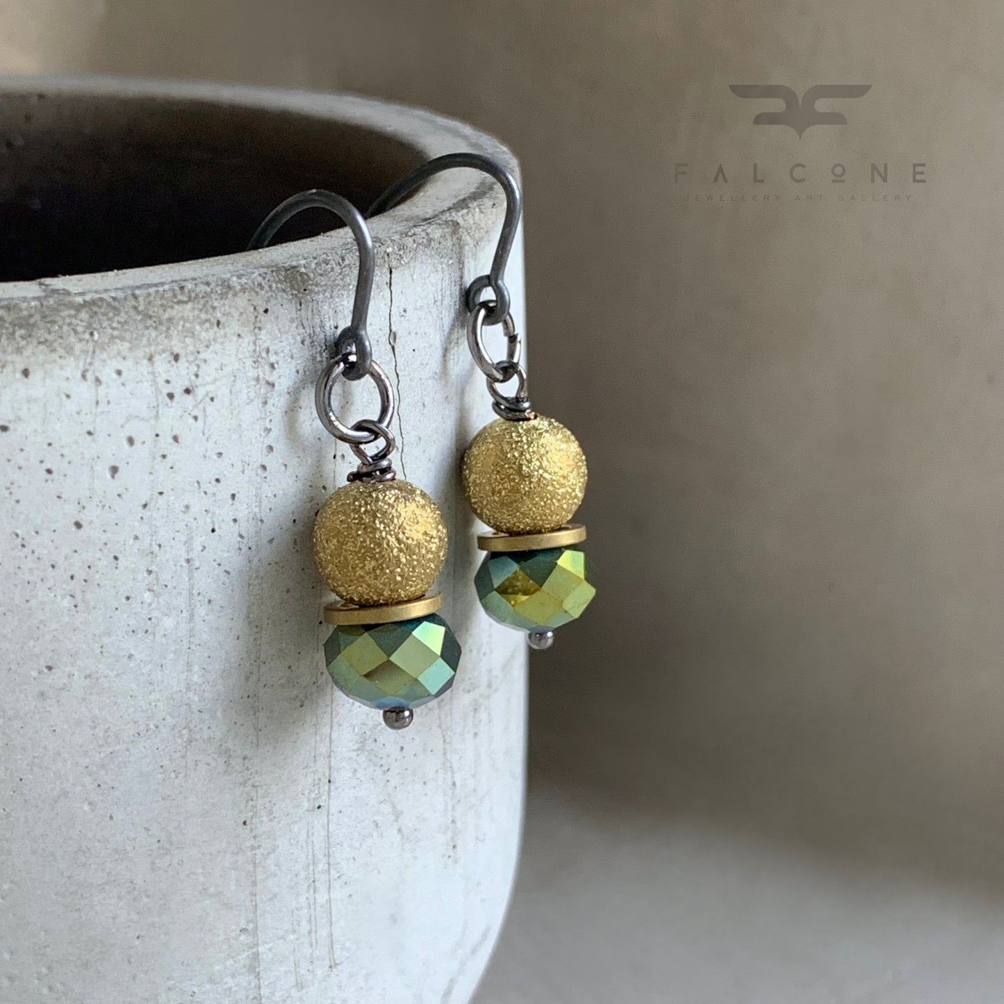 Brass, Glass and Silver Earrings 'Golden Shadow & Khaki Green'