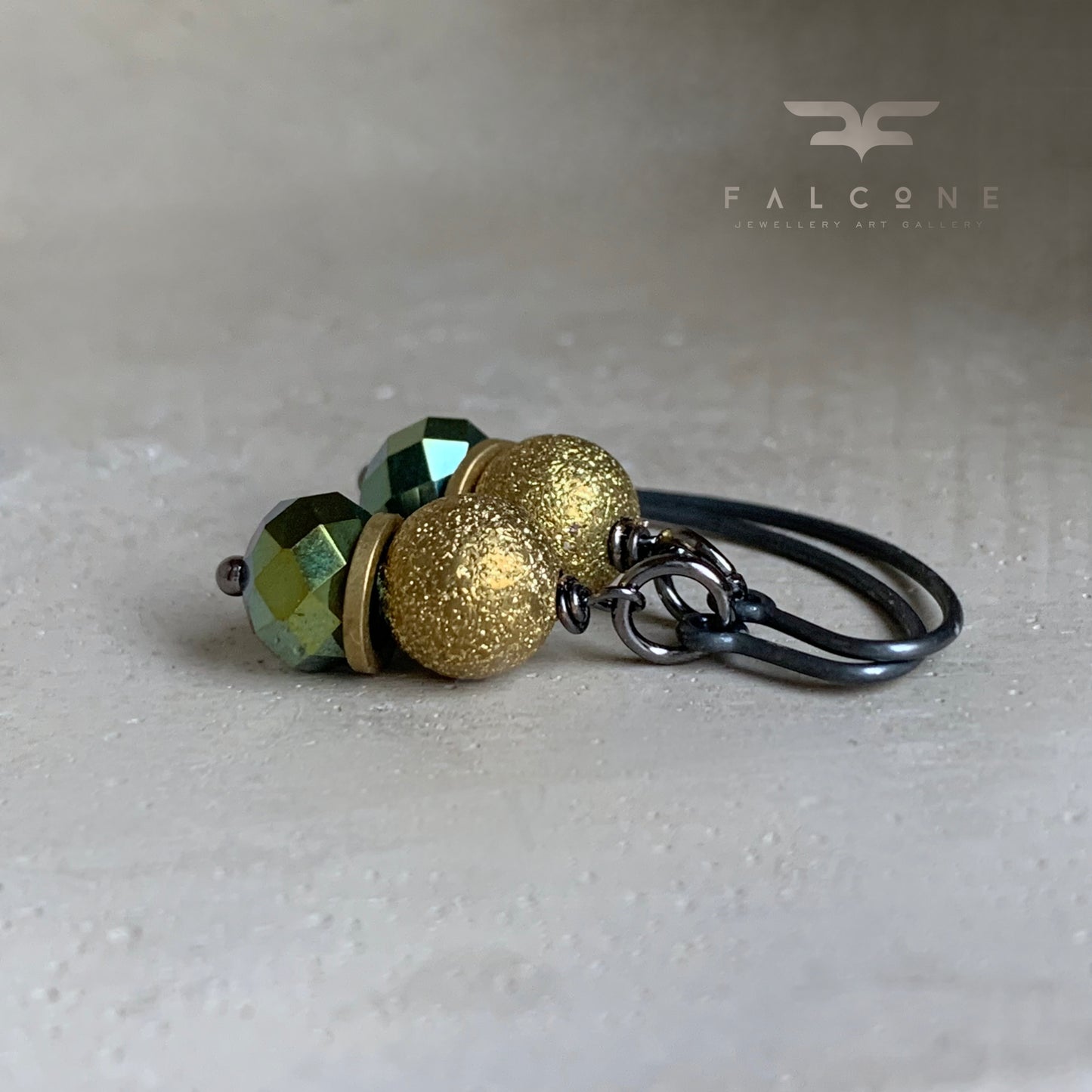 Brass, Glass and Silver Earrings 'Golden Shadow & Khaki Green'