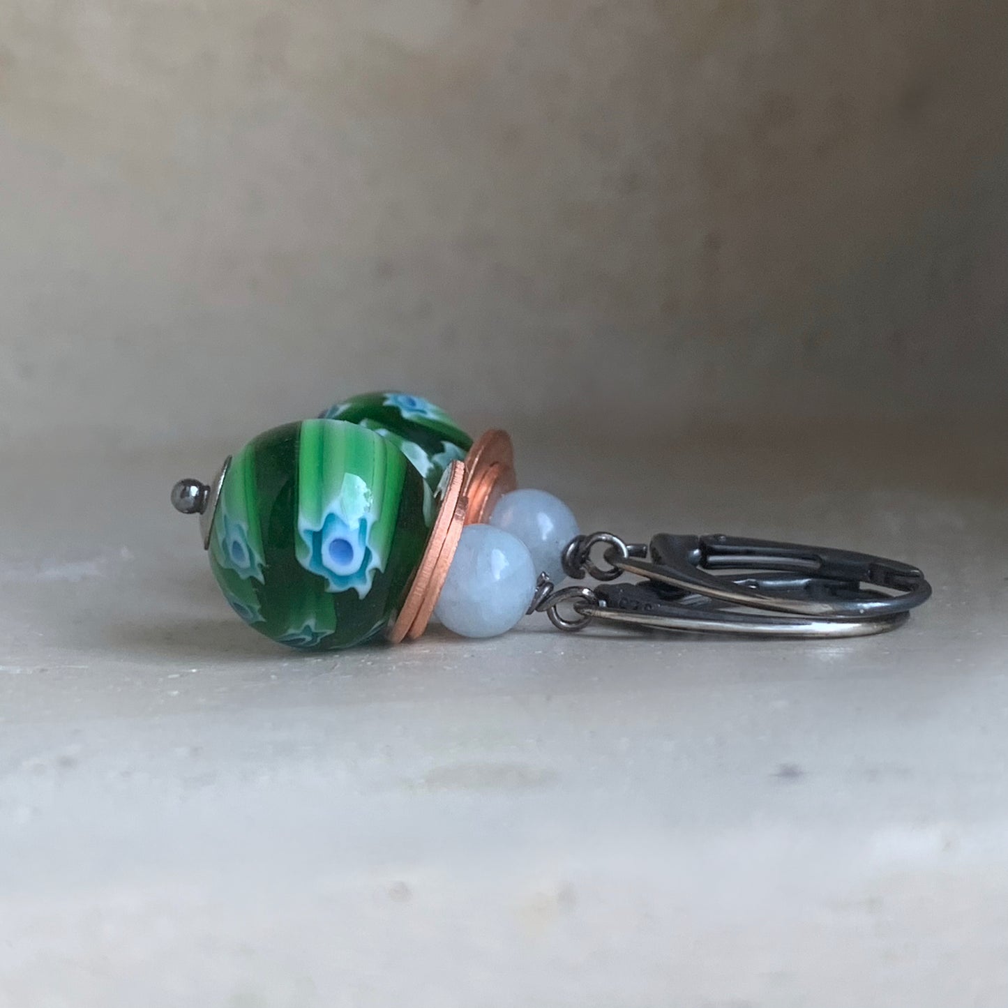 Glass, Jadeite, Copper and Silver Earrings 'Green Millefiori - Baby Blue Accent'
