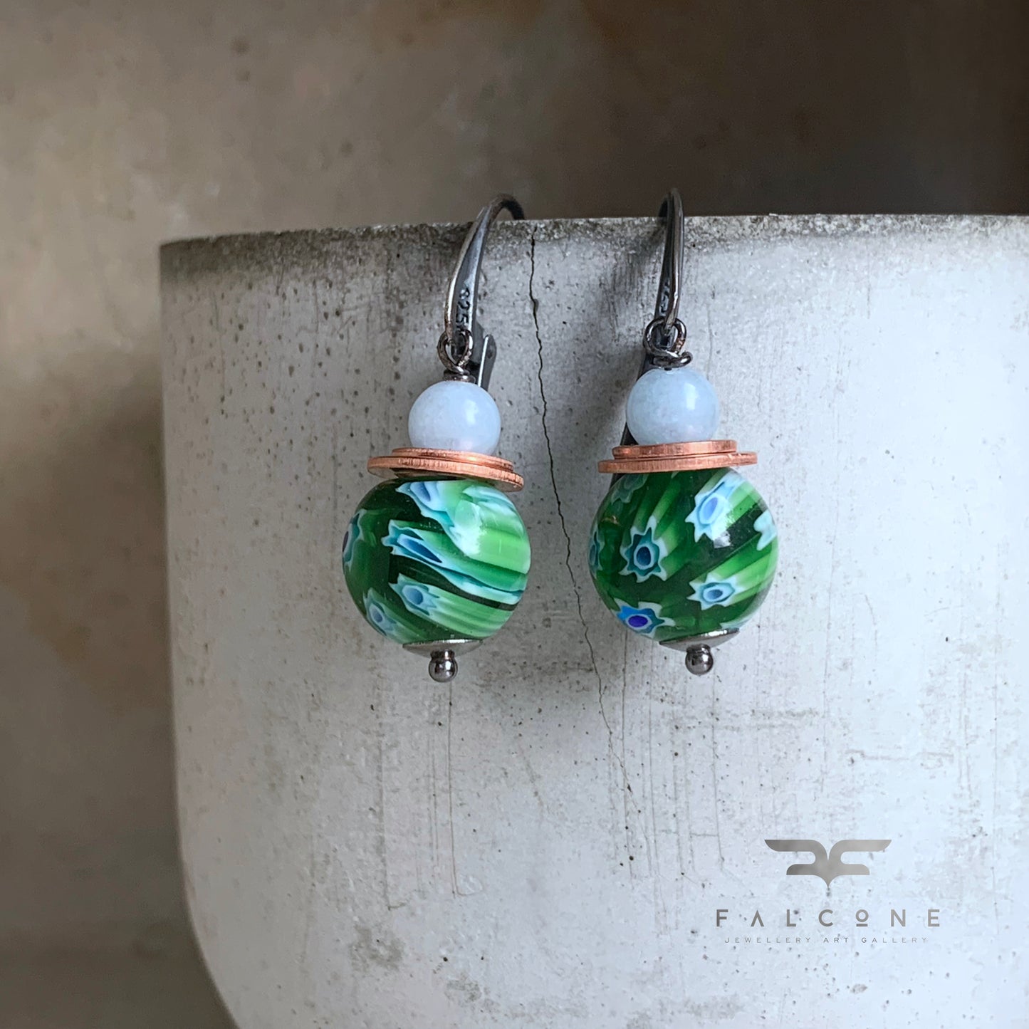 Glass, Jadeite, Copper and Silver Earrings 'Green Millefiori - Baby Blue Accent'