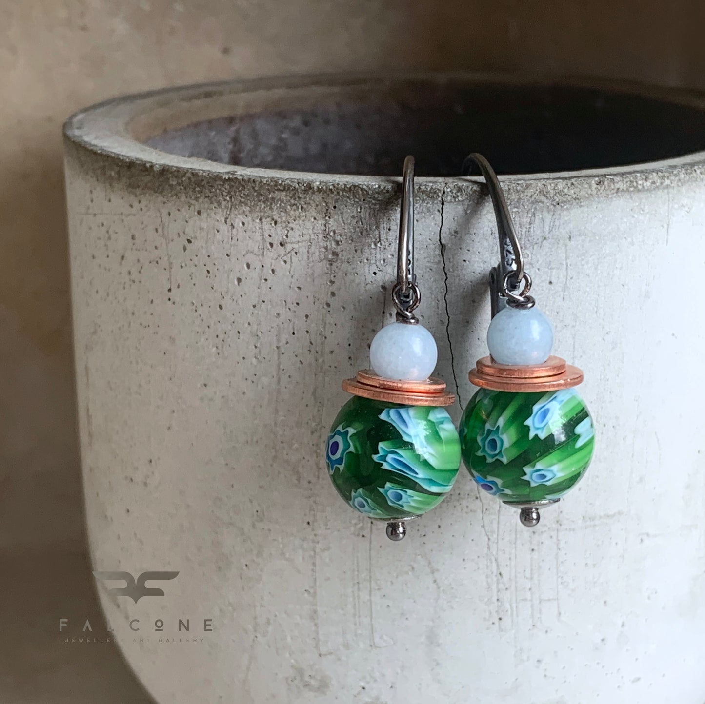 Glass, Jadeite, Copper and Silver Earrings 'Green Millefiori - Baby Blue Accent'