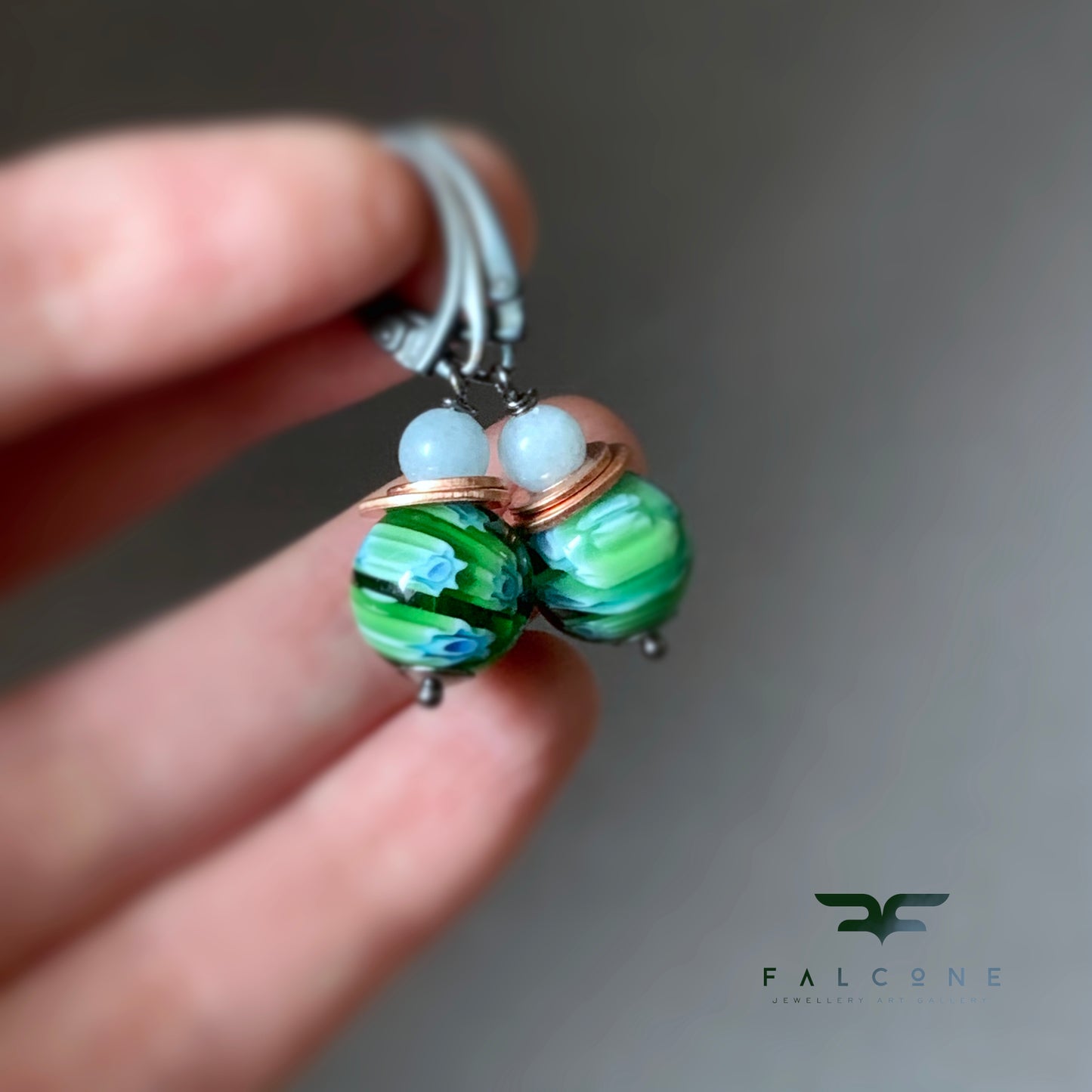 Glass, Jadeite, Copper and Silver Earrings 'Green Millefiori - Baby Blue Accent'