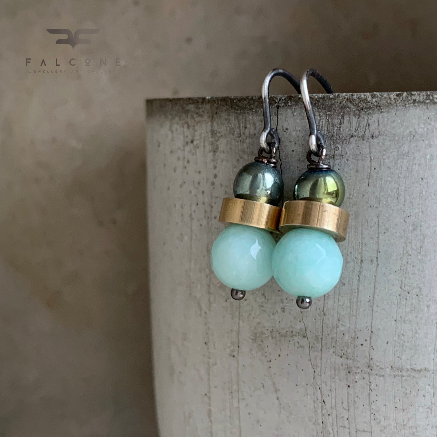 Jadeite, Hematite, Brass and Sterling Silver Earrings 'Mint & Scarab Green'