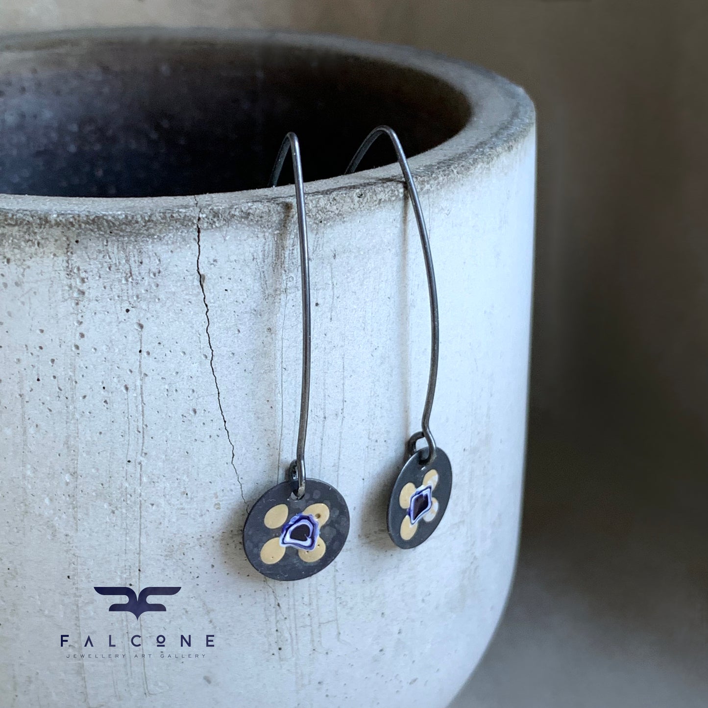 Silver Earrings with Enamel 'Wild Flowers - Vanilla & Dark Sky'