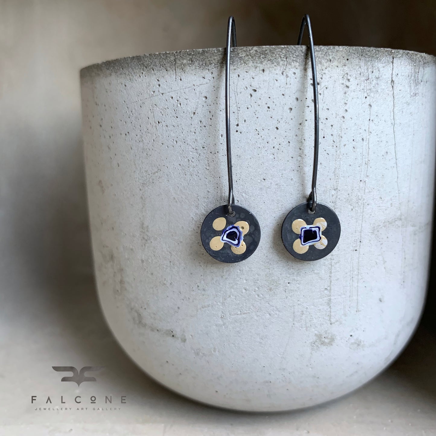 Silver Earrings with Enamel 'Wild Flowers - Vanilla & Dark Sky'