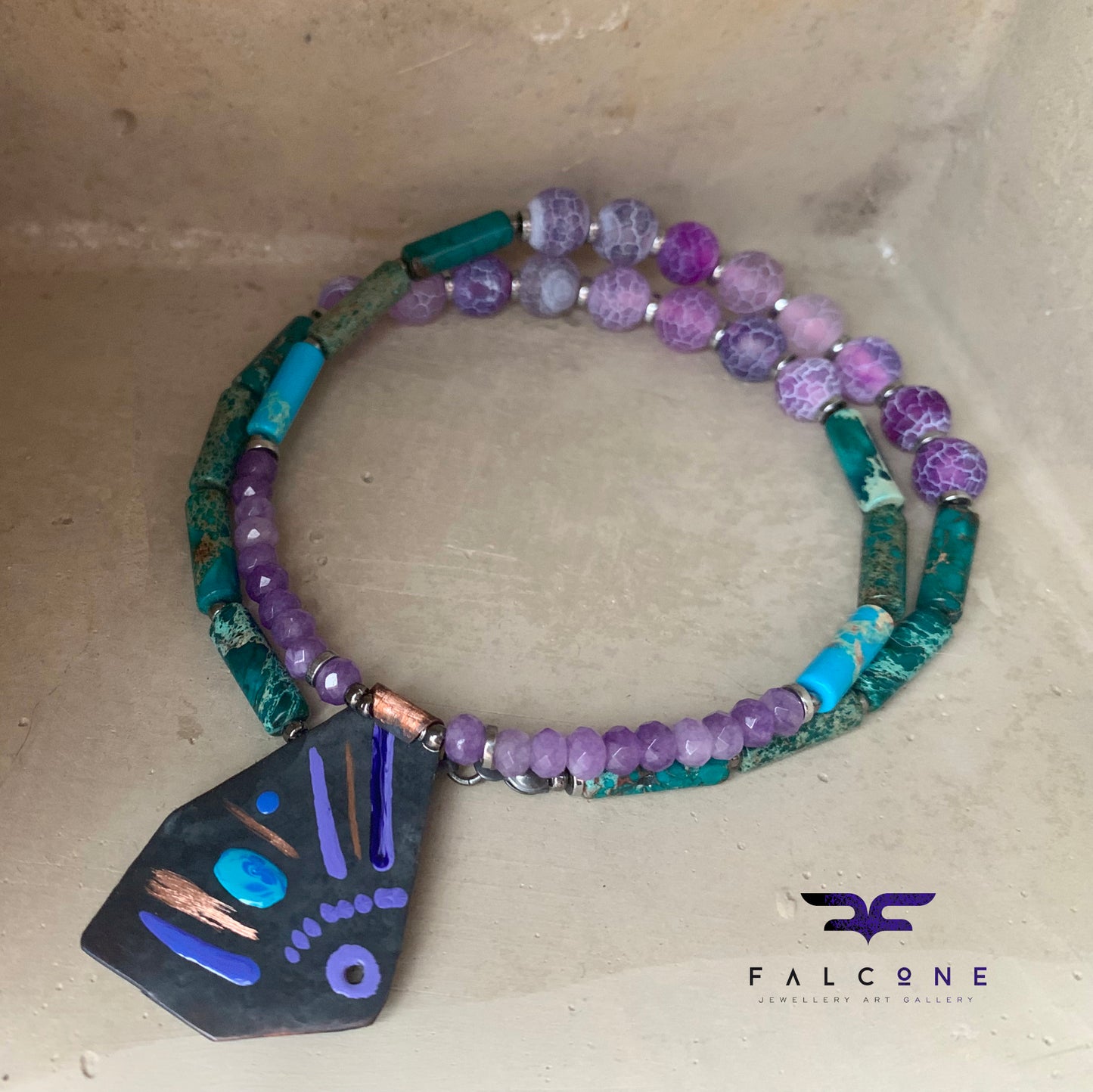 Jewellery set of copper earrings and gemstone necklace 'Life on the Reef - Turquoise and Purple'