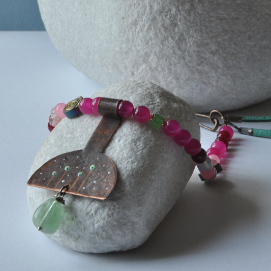 Long necklace with engraved and enameled copper pendant and natural stones 'Fairytale'