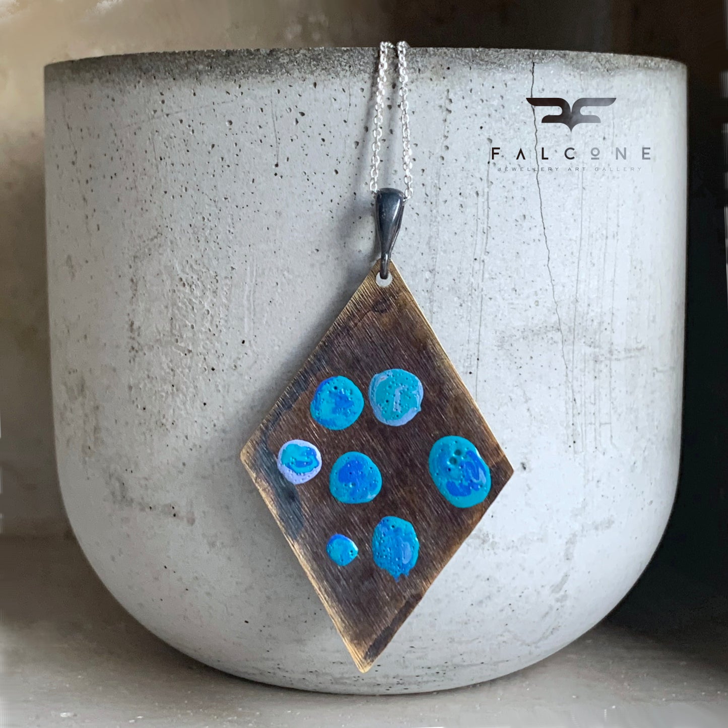 Brass and Silver Geometric Necklace 'Blue Dots'