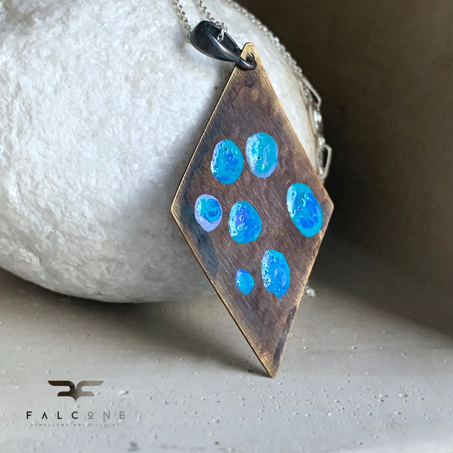 Brass and Silver Geometric Necklace 'Blue Dots'