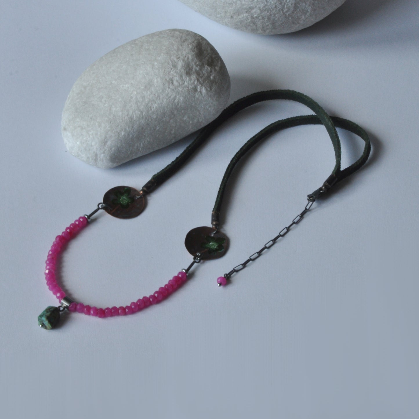 Necklace made of jade and with copper elements and a nugget of natural turquoise 'Green Flowers in the Orchid Garden'