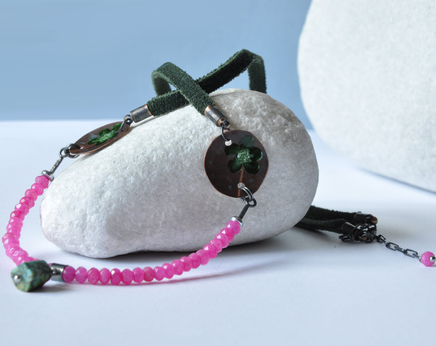 Necklace made of jade and with copper elements and a nugget of natural turquoise 'Green Flowers in the Orchid Garden'