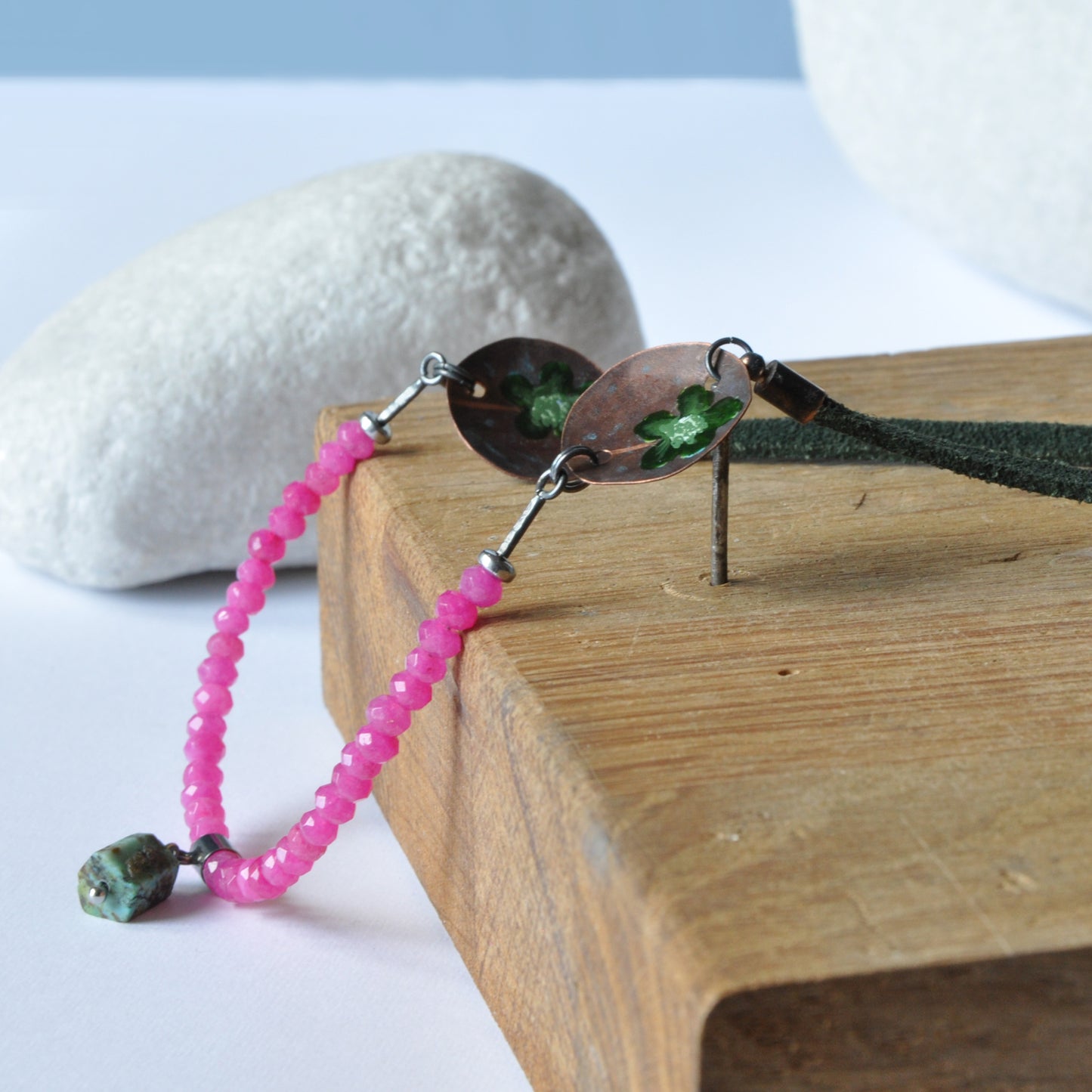 Necklace made of jade and with copper elements and a nugget of natural turquoise 'Green Flowers in the Orchid Garden'