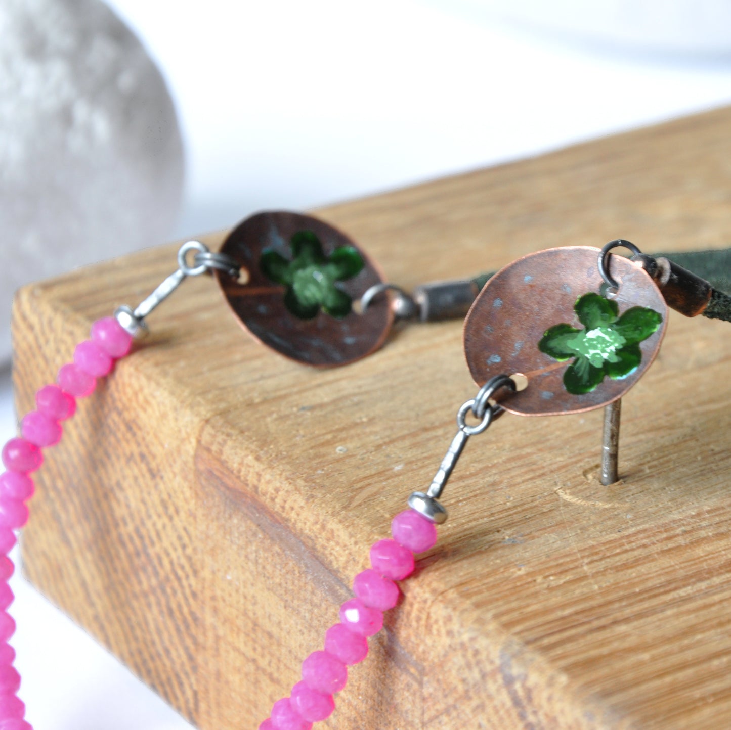 Necklace made of jade and with copper elements and a nugget of natural turquoise 'Green Flowers in the Orchid Garden'