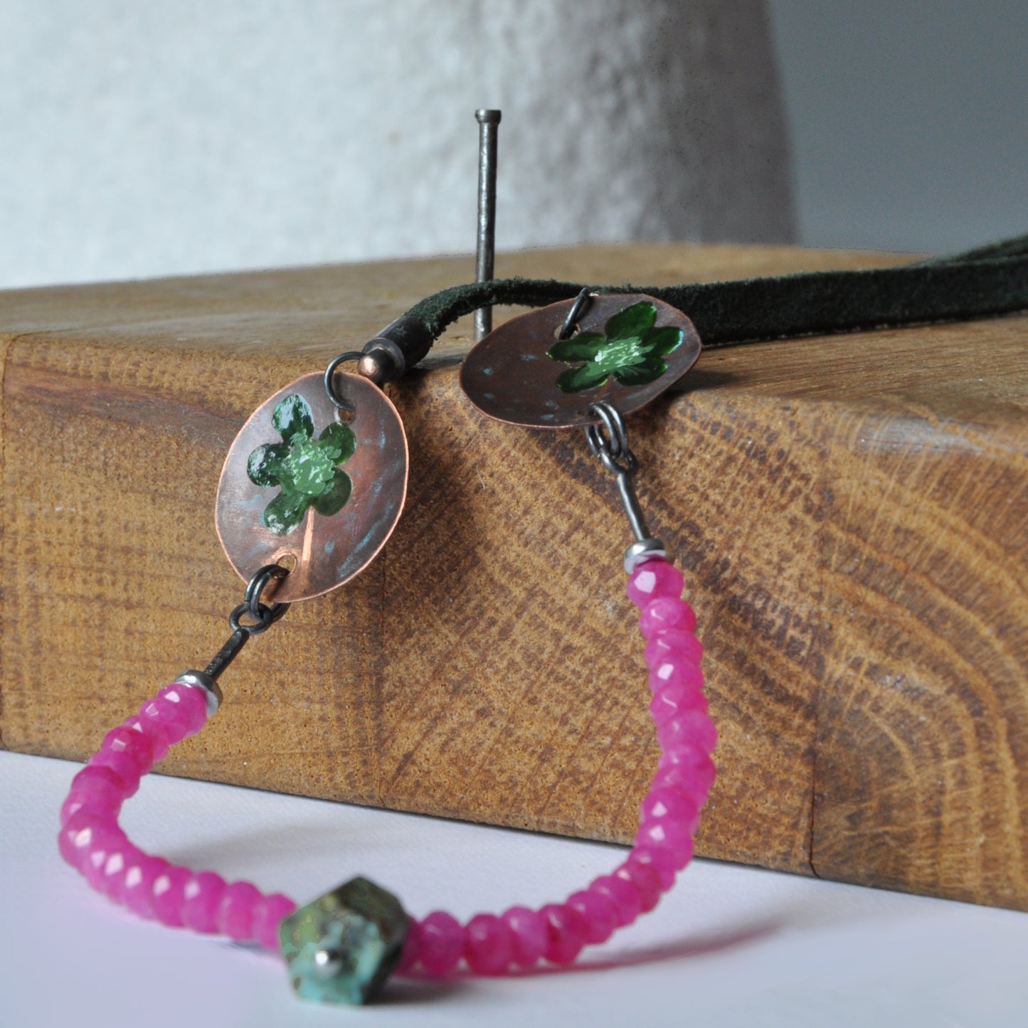 Necklace made of jade and with copper elements and a nugget of natural turquoise 'Green Flowers in the Orchid Garden'